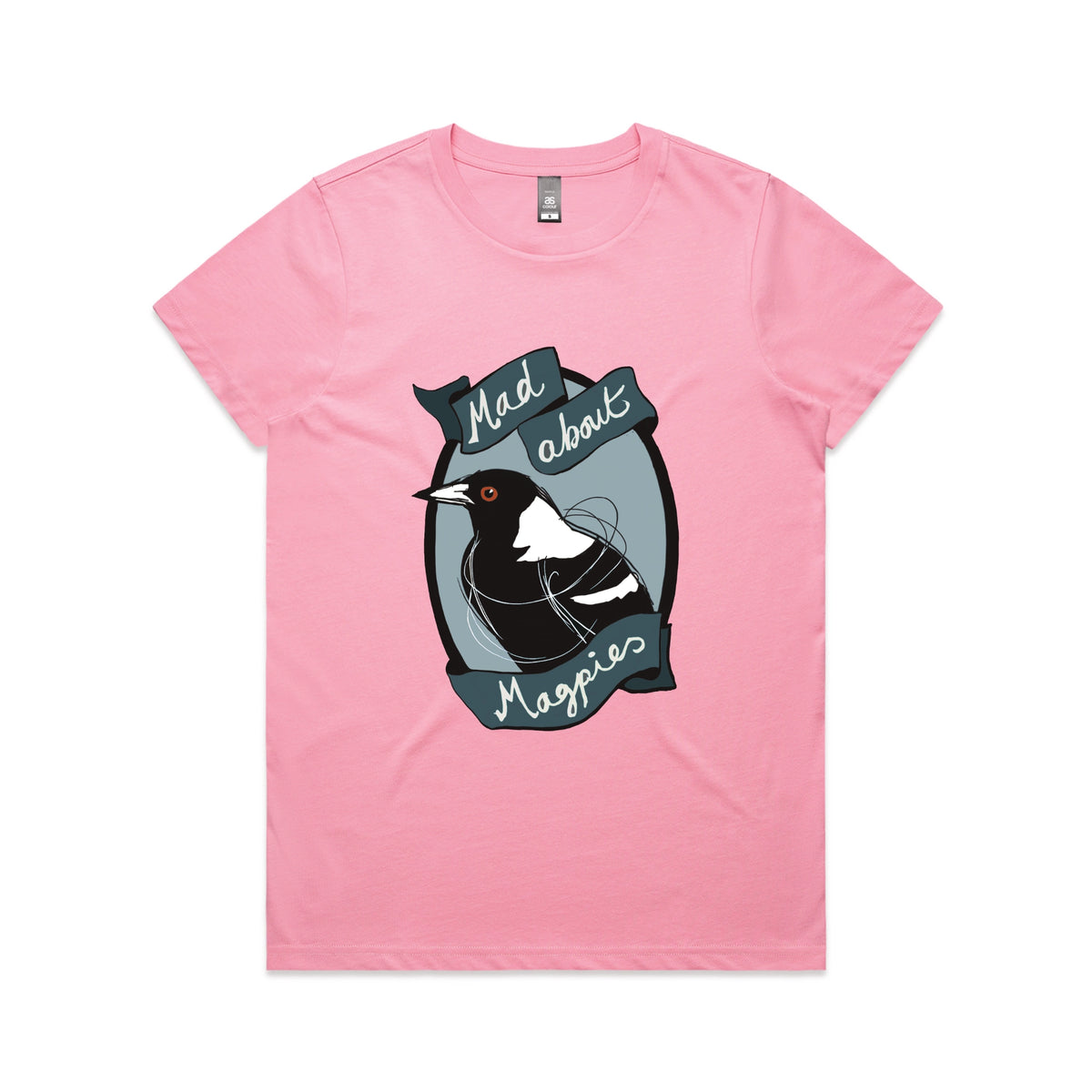 Bubblegum fitted womens t-shirt with Mad About Magpies graphic by Lonely Kids Club