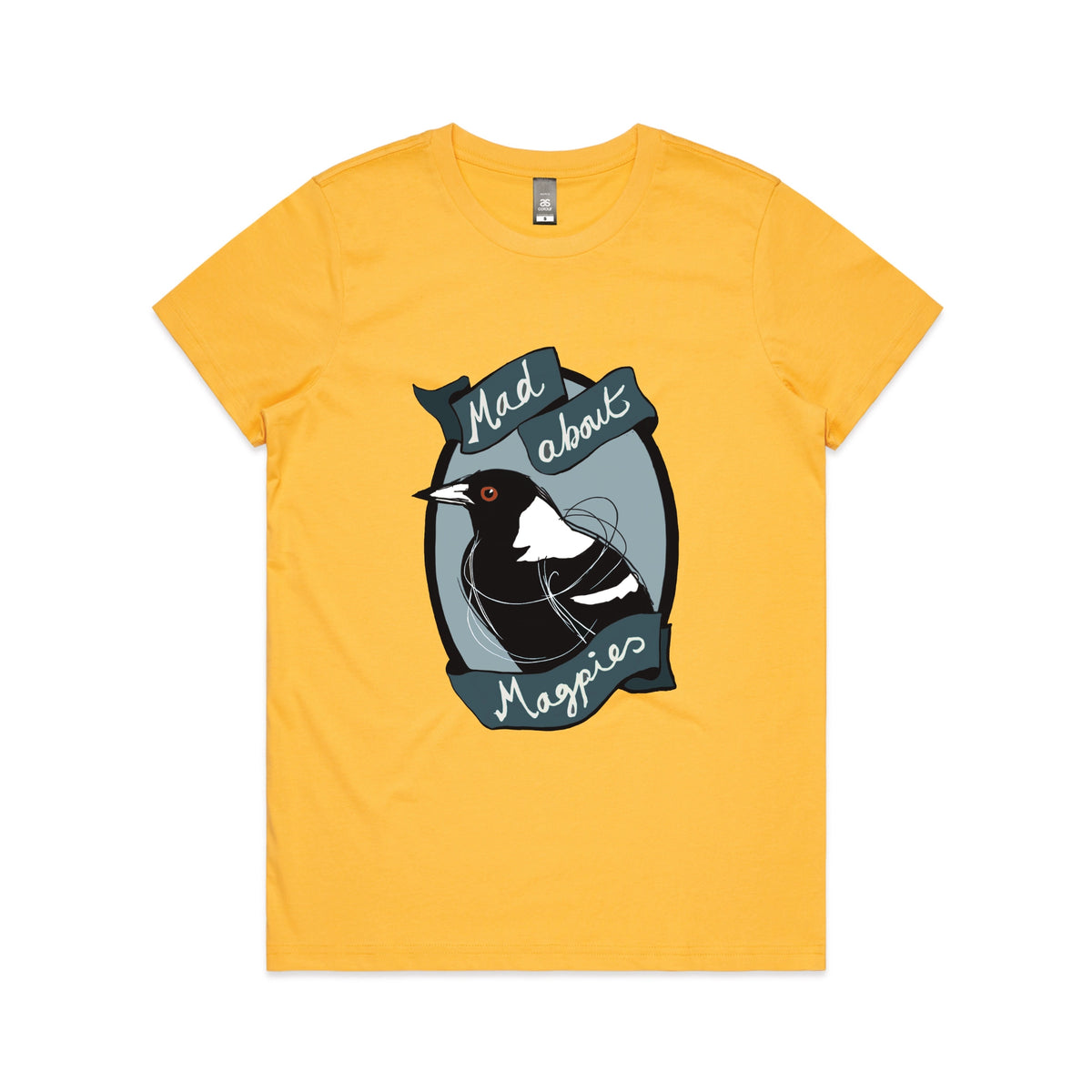 Yellow fitted womens t-shirt with Mad About Magpies graphic by Lonely Kids Club