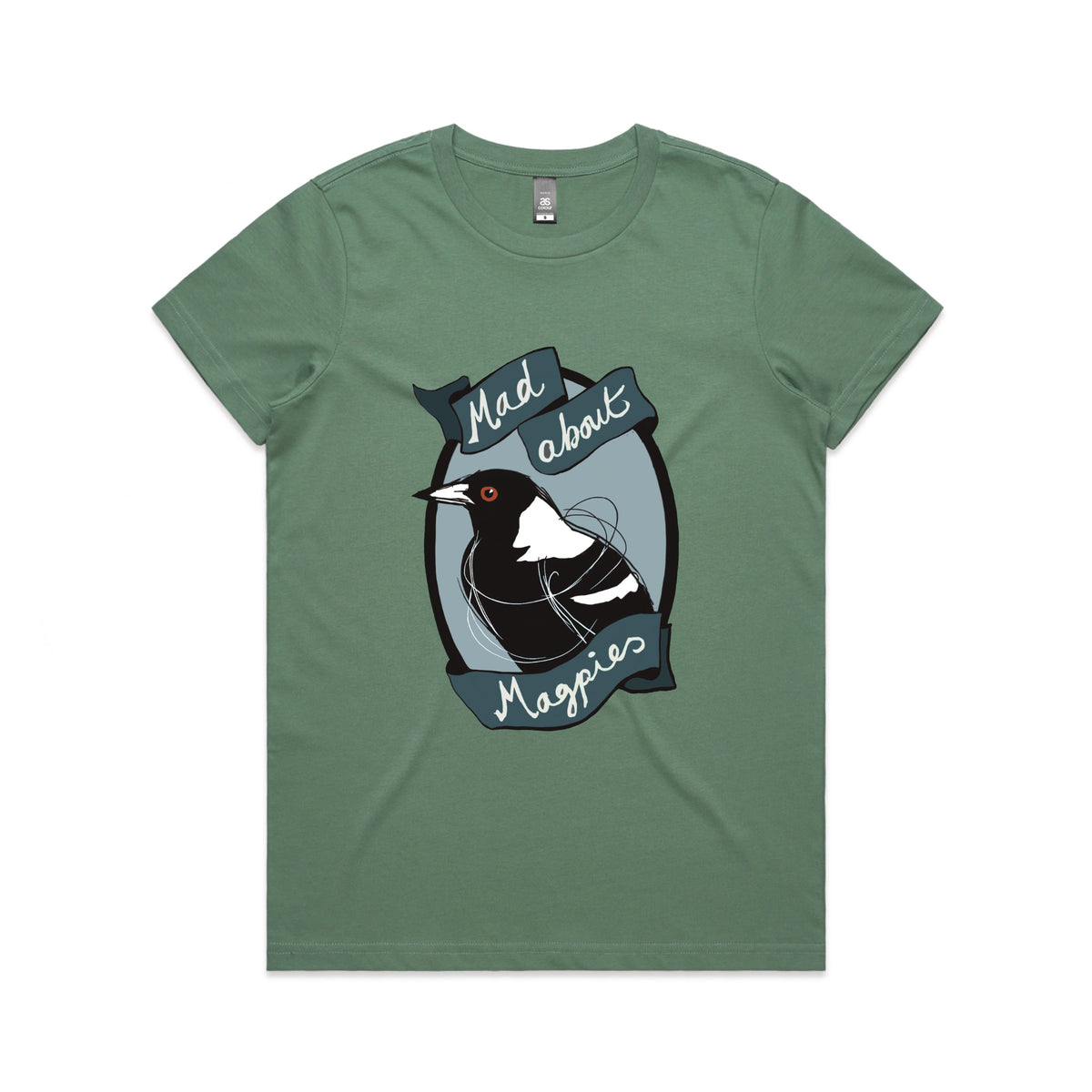 Sage fitted womens t-shirt with Mad About Magpies graphic by Lonely Kids Club