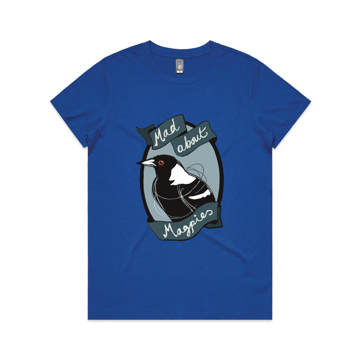 Royal Blue fitted womens t-shirt with Mad About Magpies graphic by Lonely Kids Club