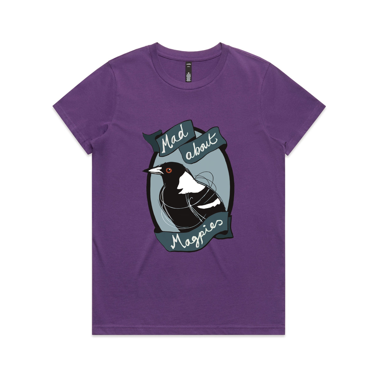 Purple fitted womens t-shirt with Mad About Magpies graphic by Lonely Kids Club