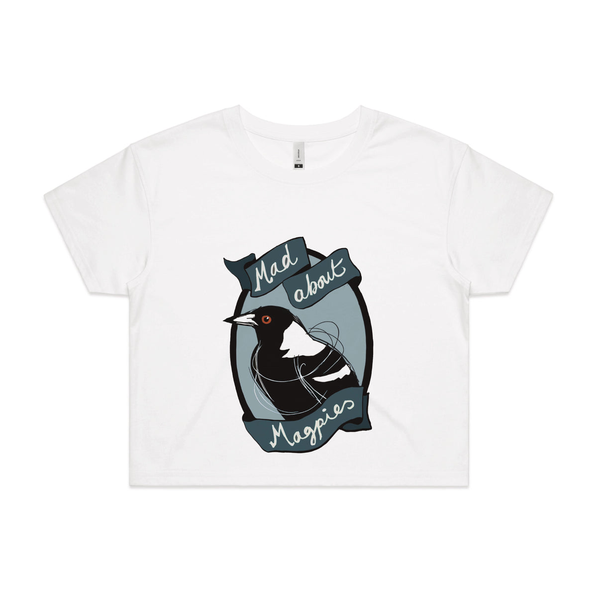 White crop top with Mad About Magpies graphic by Lonely Kids Club