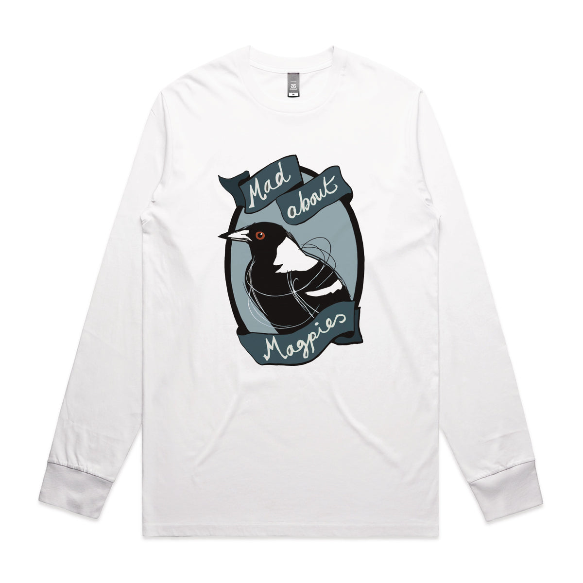 White long sleeve t-shirt with Mad About Magpies graphic by Lonely Kids Club