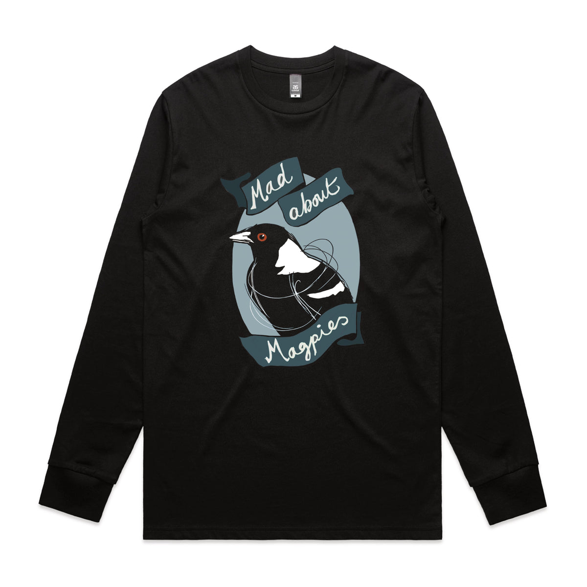 Black long sleeve t-shirt with Mad About Magpies graphic by Lonely Kids Club