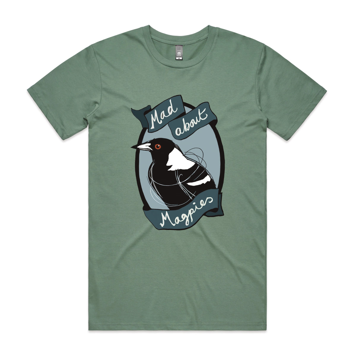 Sage unisex t-shirt with Mad About Magpies graphic by Lonely Kids Club