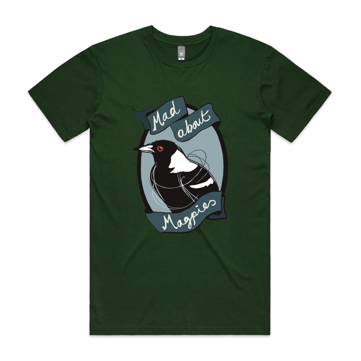 Forest Green unisex t-shirt with Mad About Magpies graphic by Lonely Kids Club