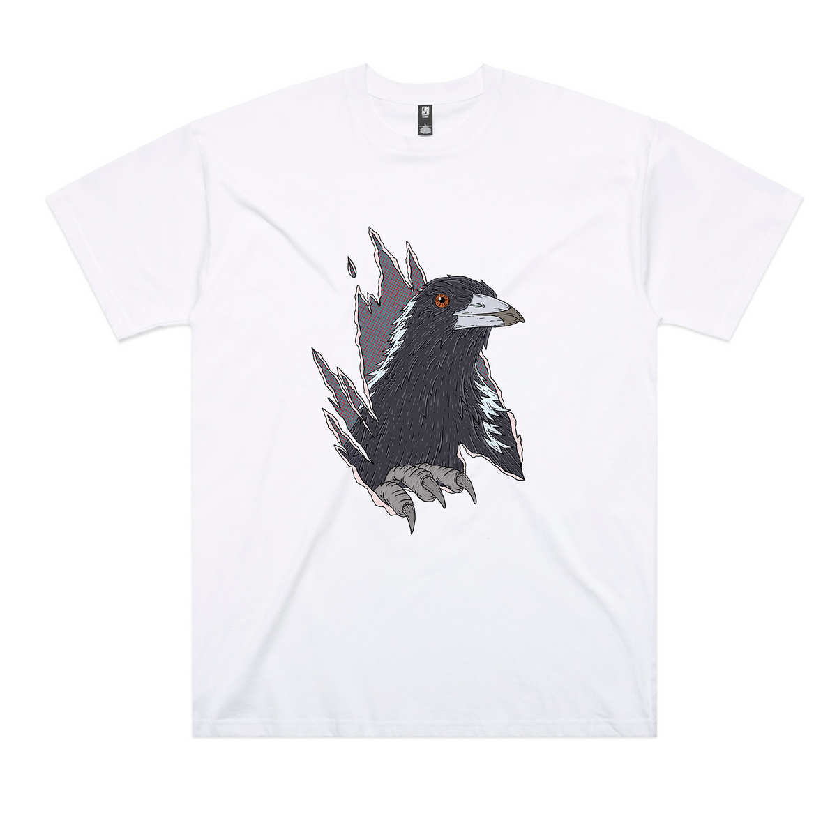 White oversized t-shirt with Magpie Attack graphic by Lonely Kids Club