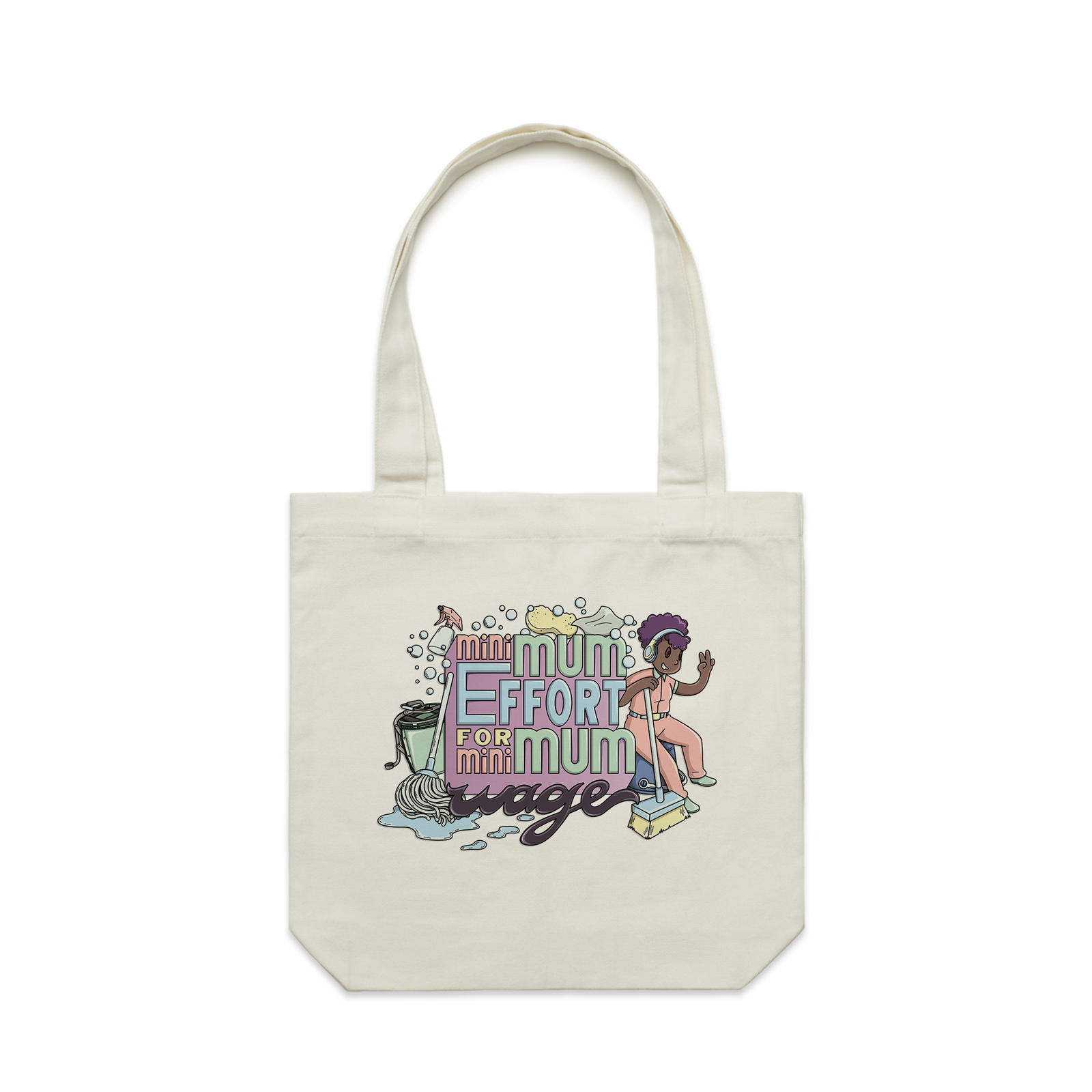 Cream carrie tote with Minimum Effort Tote graphic by Lonely Kids Club