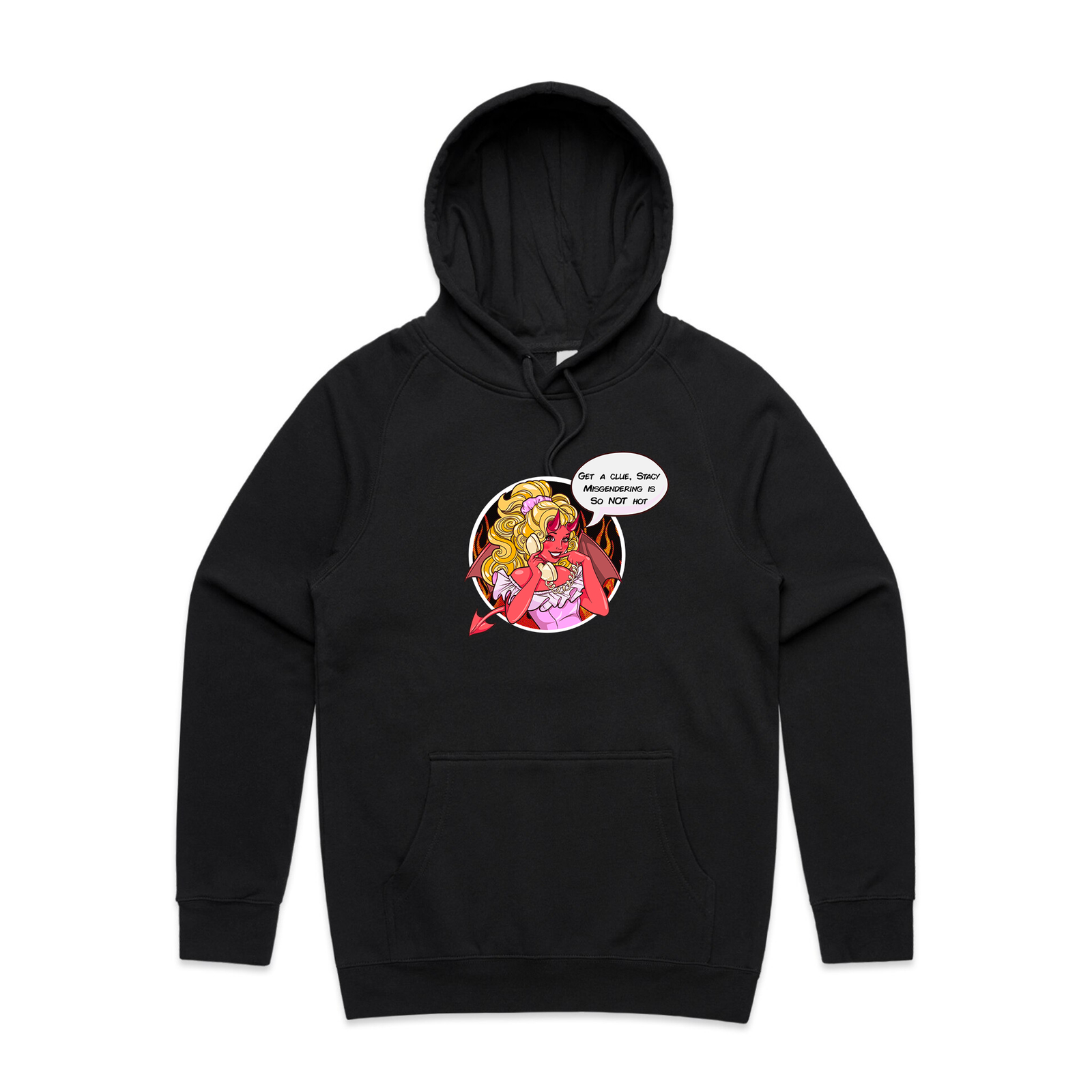 Black regular hoodie with Misgendering Is Not Hot Hoodie graphic by Lonely Kids Club