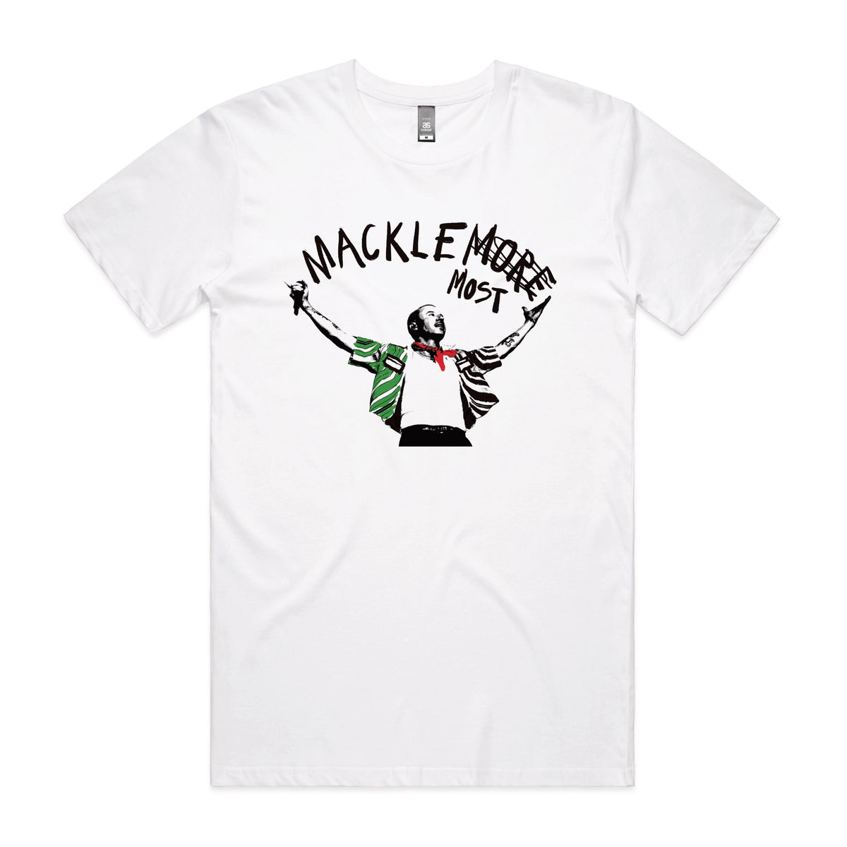 White unisex t-shirt with Macklemost graphic by Lonely Kids Club