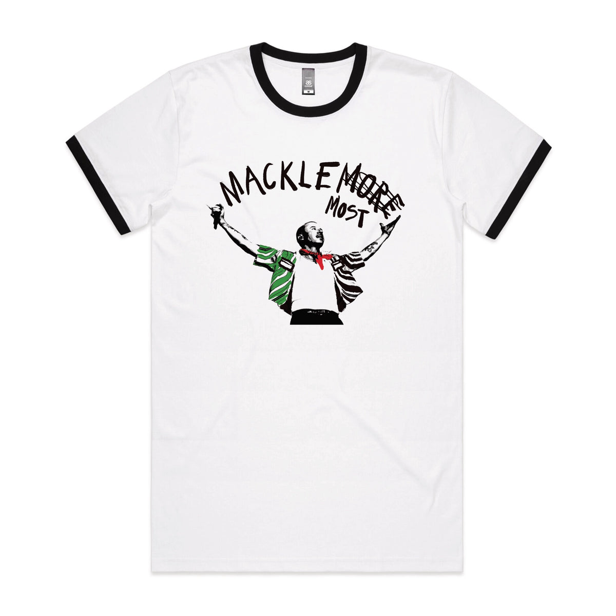 Black/White Ringer unisex t-shirt with Macklemost graphic by Lonely Kids Club