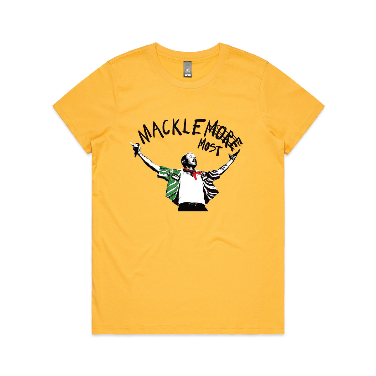 Yellow fitted womens t-shirt with Macklemost graphic by Lonely Kids Club