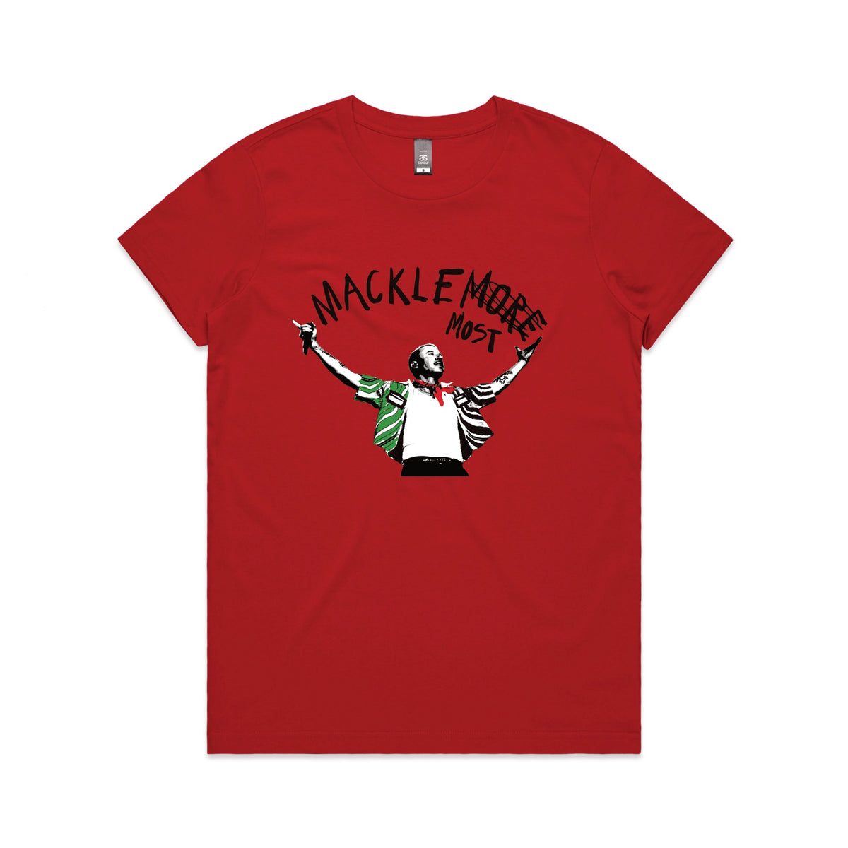 Red fitted womens t-shirt with Macklemost graphic by Lonely Kids Club