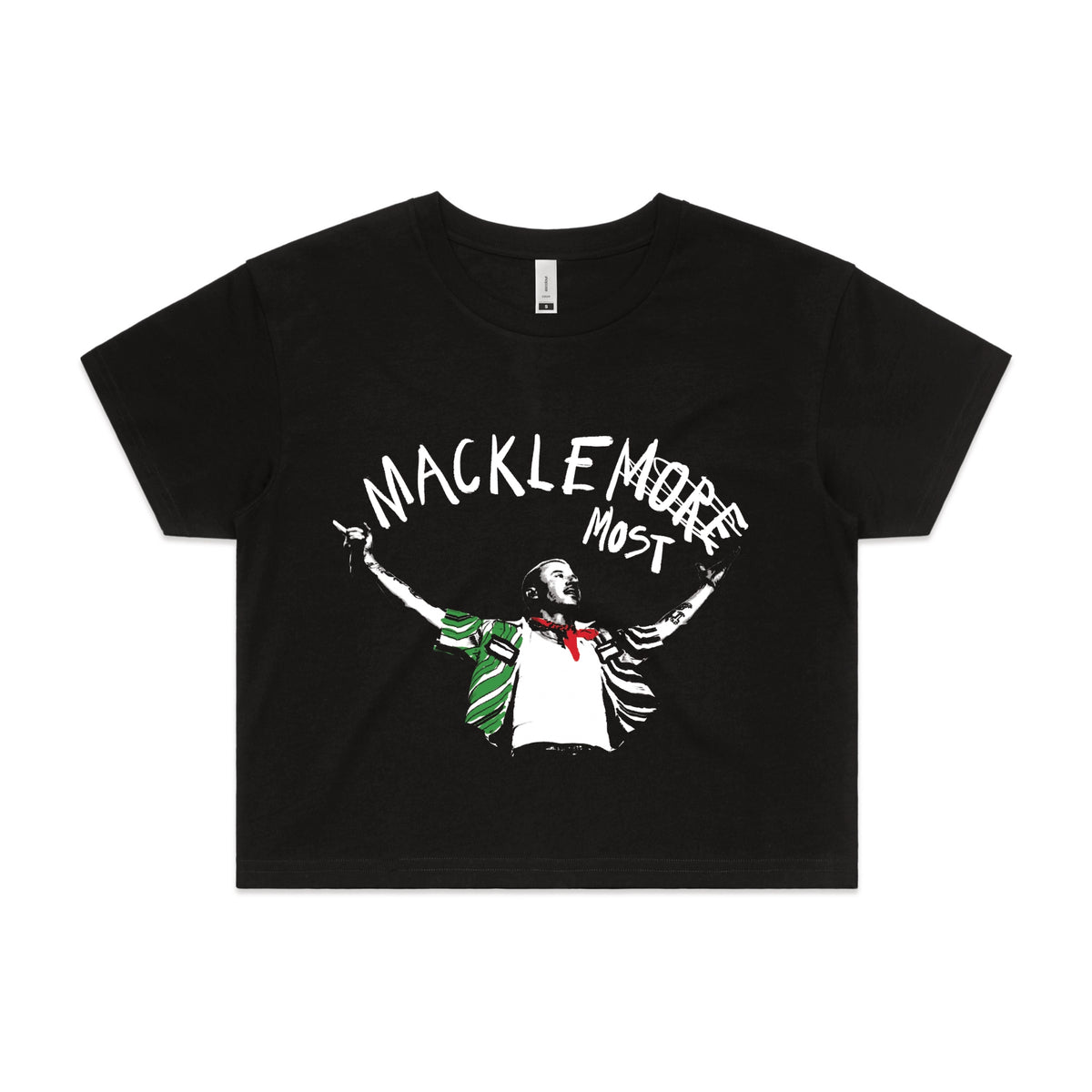 Black crop top with Macklemost graphic by Lonely Kids Club