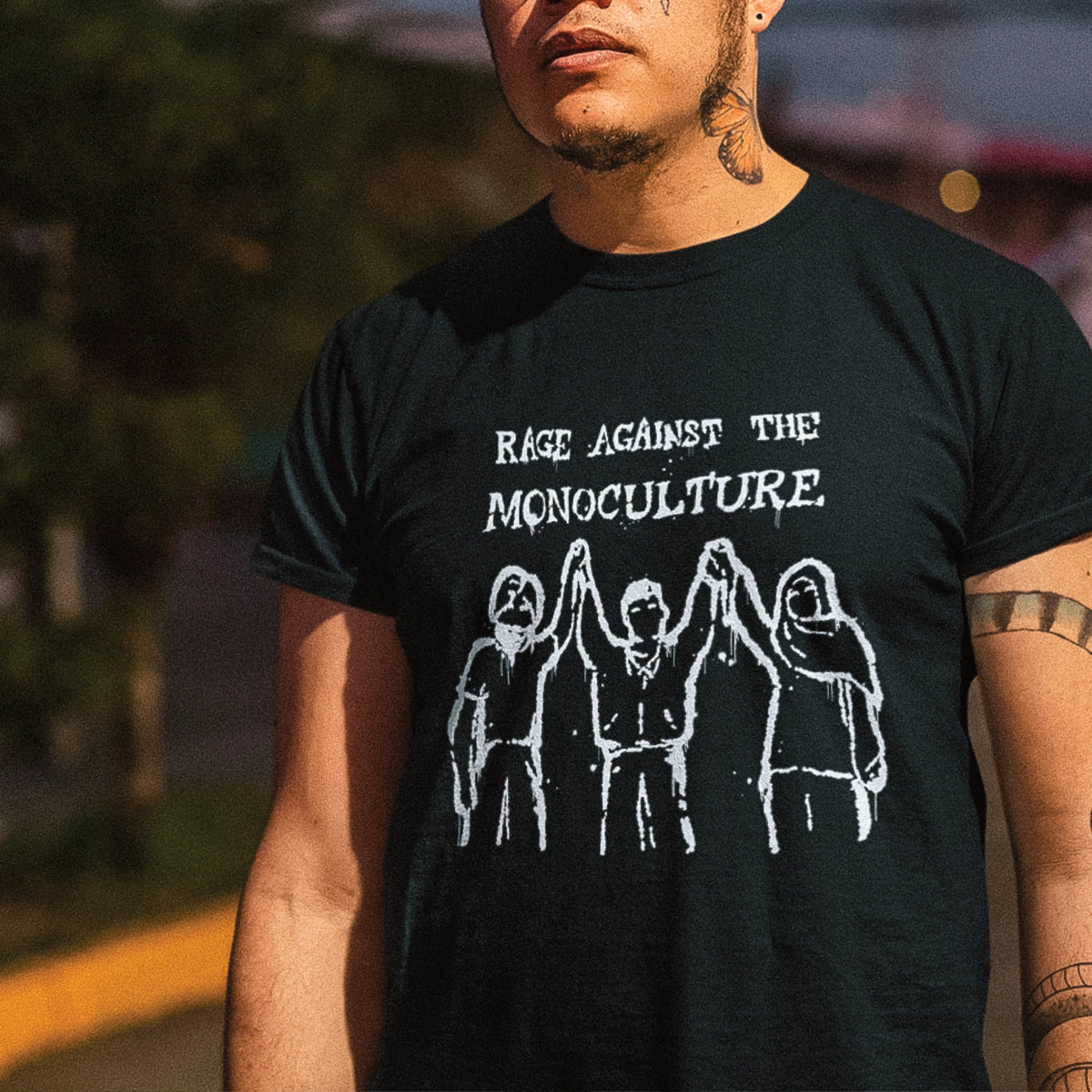 Black unisex t-shirt with Rage Against The Monoculture graphic by Lonely Kids Club