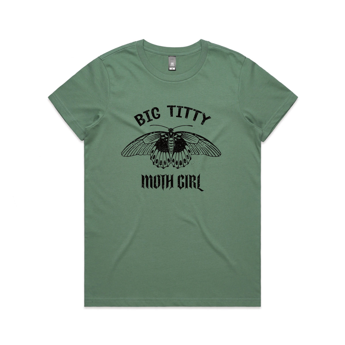Sage fitted womens t-shirt with Big Titty Moth Girl graphic by Lonely Kids Club