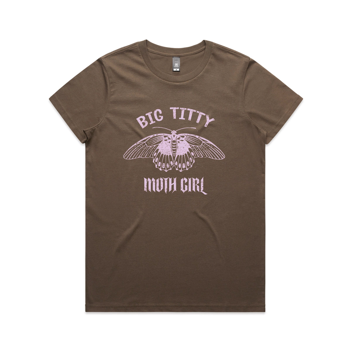 Walnut fitted womens t-shirt with Big Titty Moth Girl graphic by Lonely Kids Club