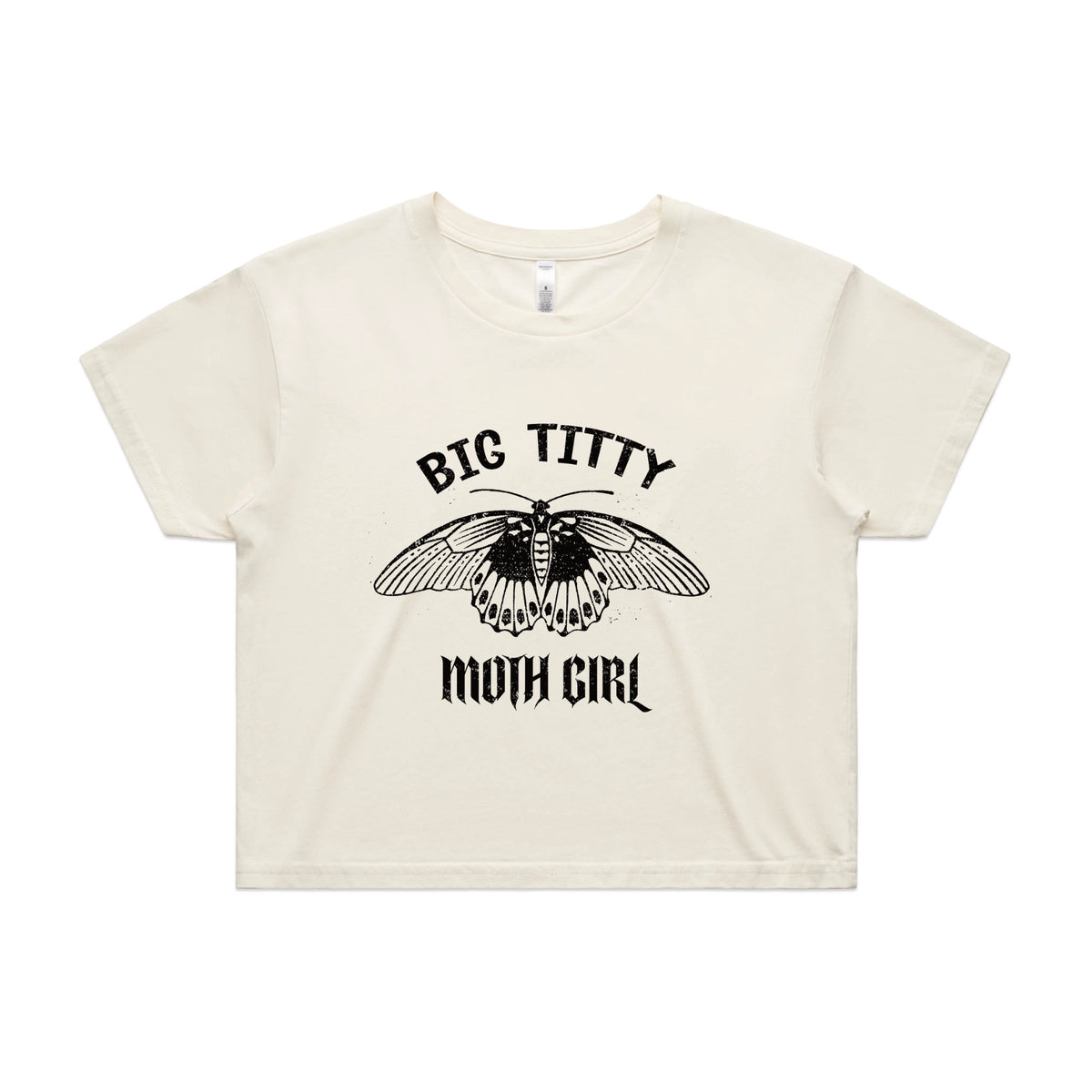 Ecru crop top with Big Titty Moth Girl graphic by Lonely Kids Club