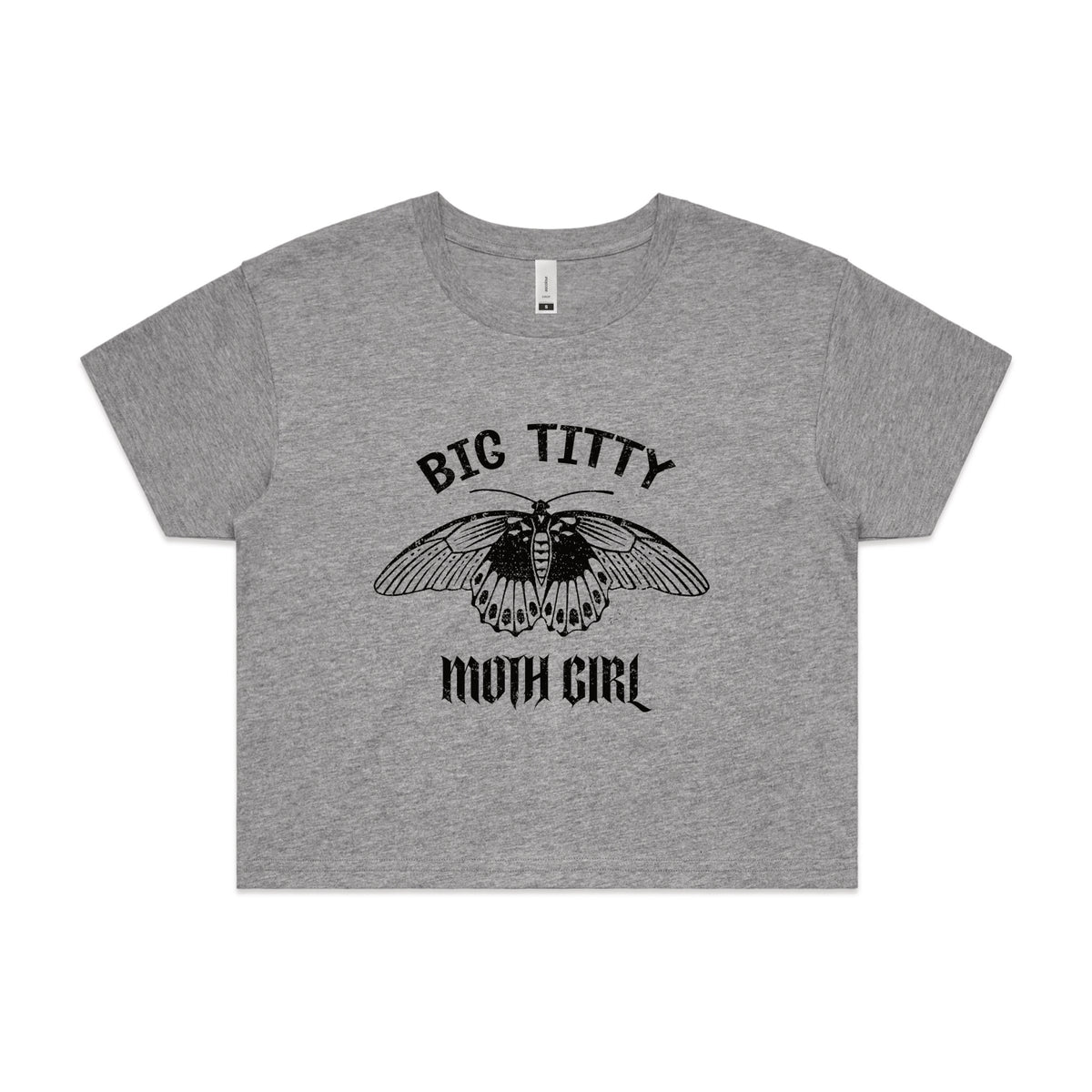 Grey Marle crop top with Big Titty Moth Girl graphic by Lonely Kids Club