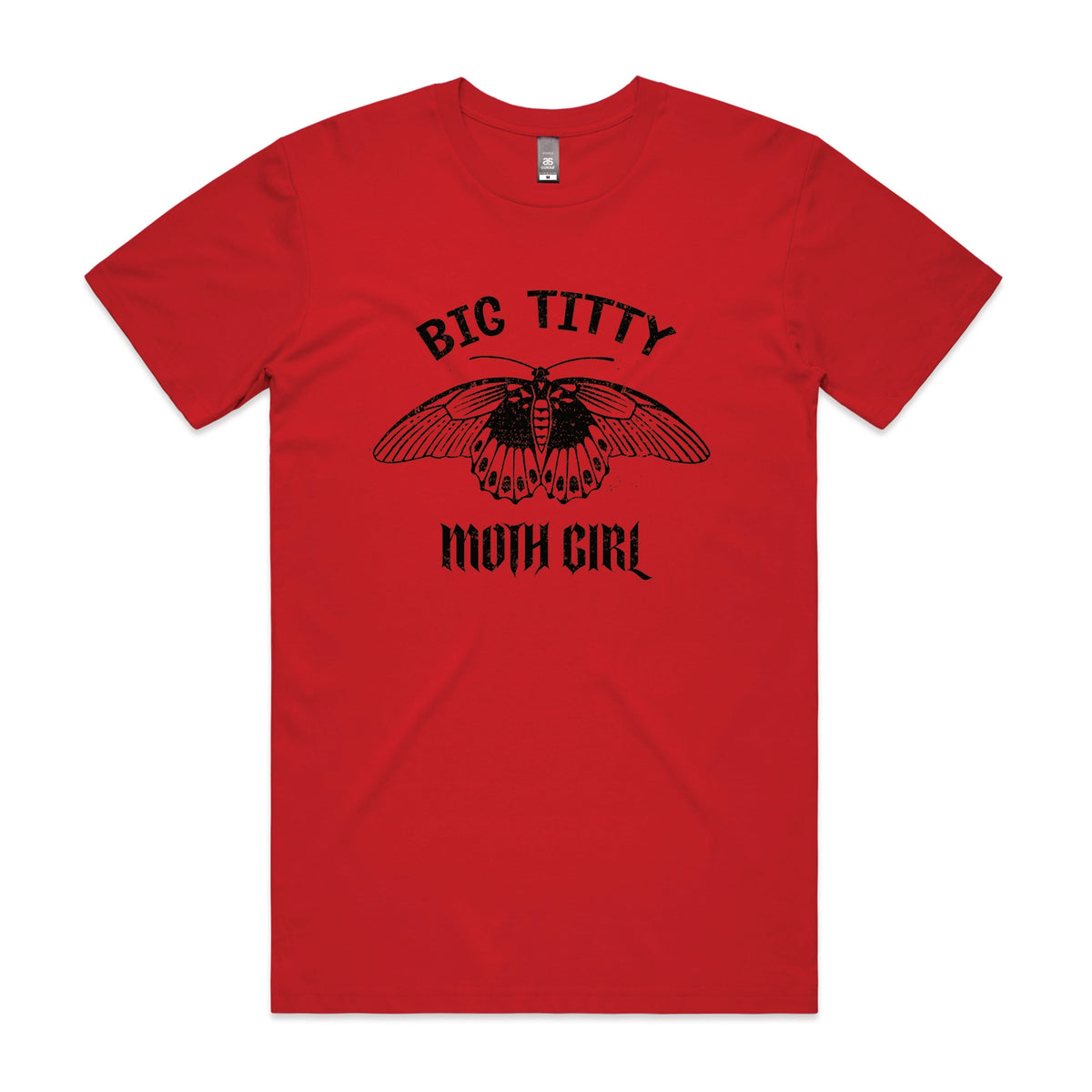 Red unisex t-shirt with Big Titty Moth Girl graphic by Lonely Kids Club