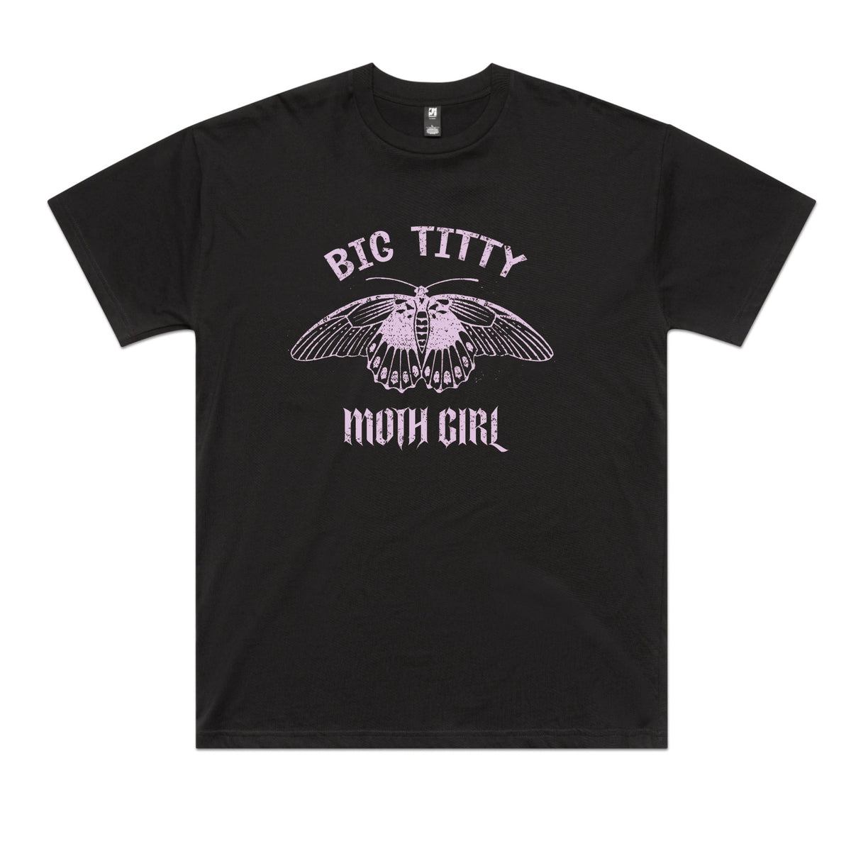 Black oversized t-shirt with Big Titty Moth Girl graphic by Lonely Kids Club