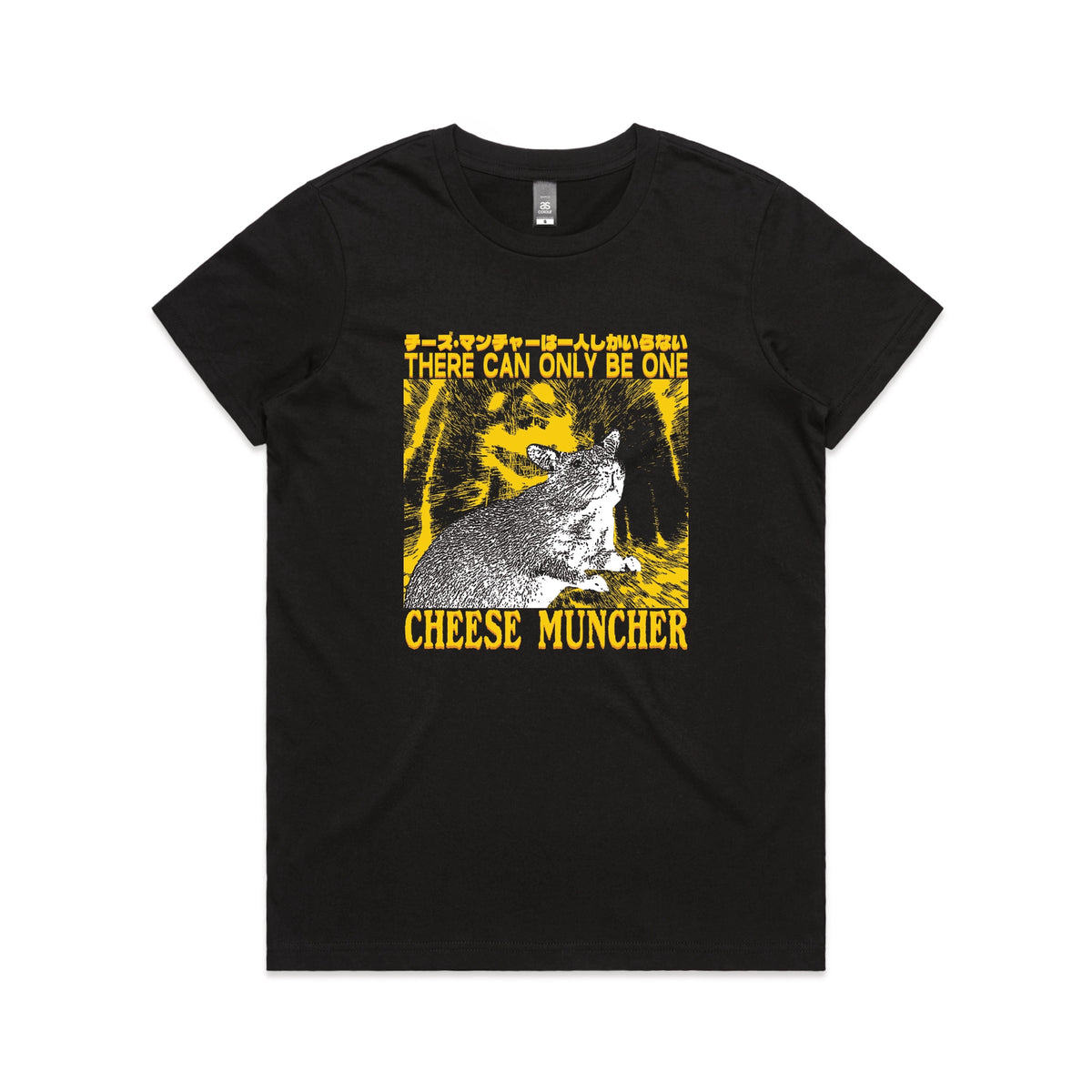 Black fitted womens t-shirt with Cheese Muncher graphic by Lonely Kids Club
