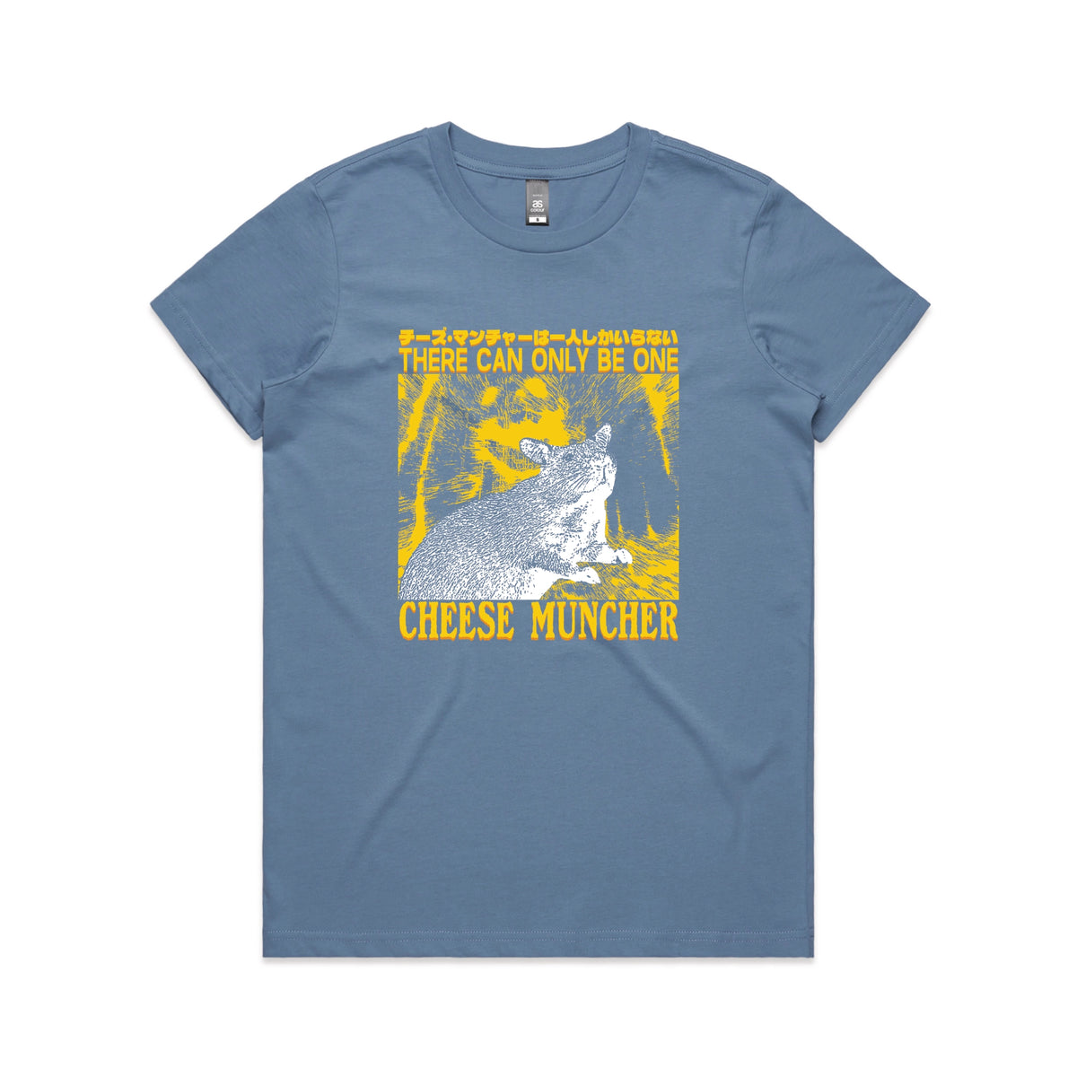 Carolina Blue fitted womens t-shirt with Cheese Muncher graphic by Lonely Kids Club