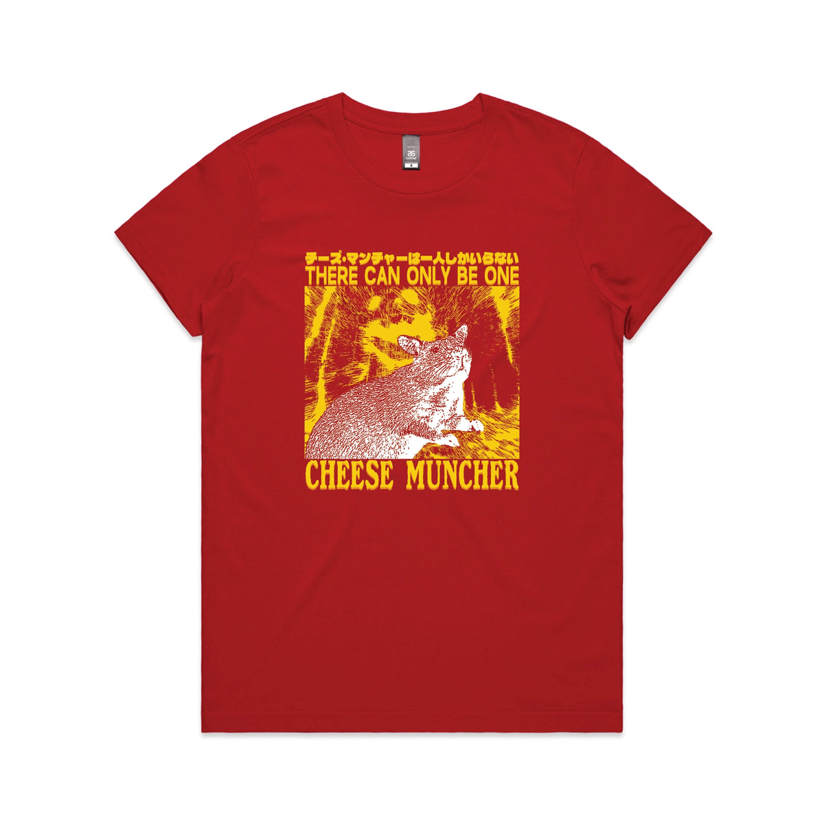 Red fitted womens t-shirt with Cheese Muncher graphic by Lonely Kids Club