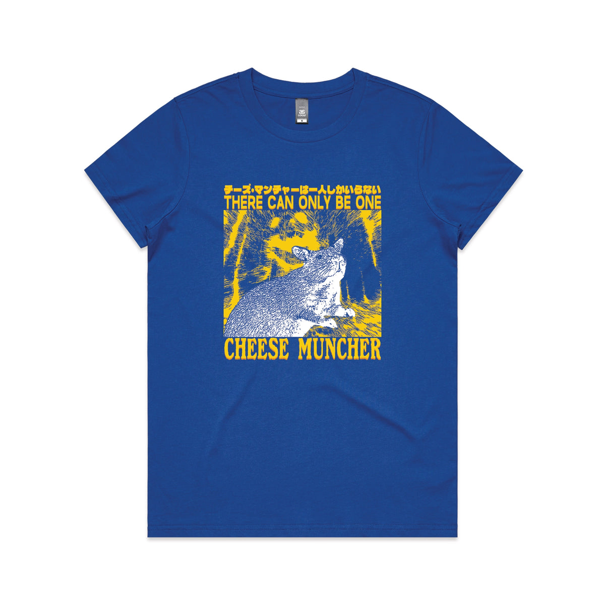 Royal Blue fitted womens t-shirt with Cheese Muncher graphic by Lonely Kids Club