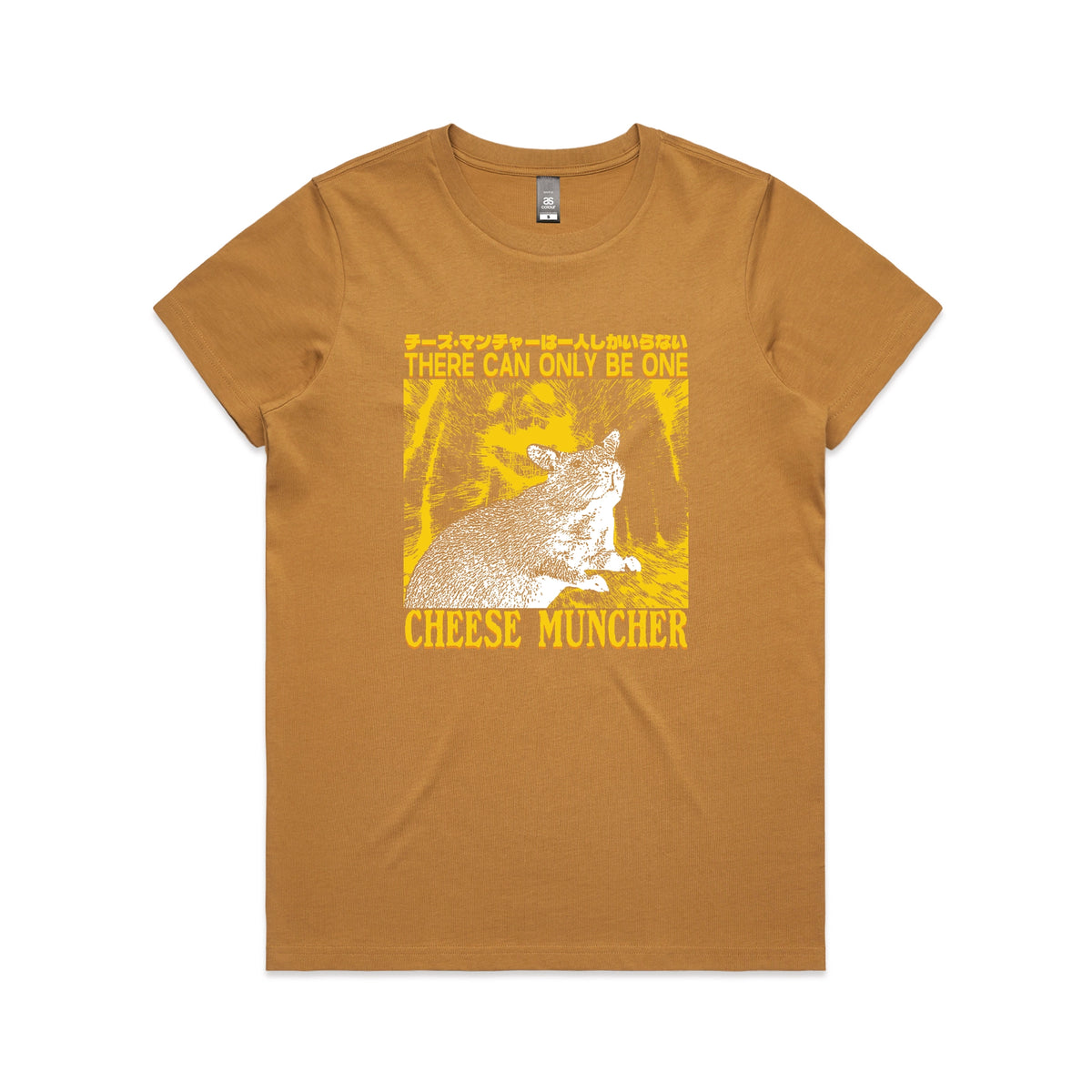 Camel fitted womens t-shirt with Cheese Muncher graphic by Lonely Kids Club