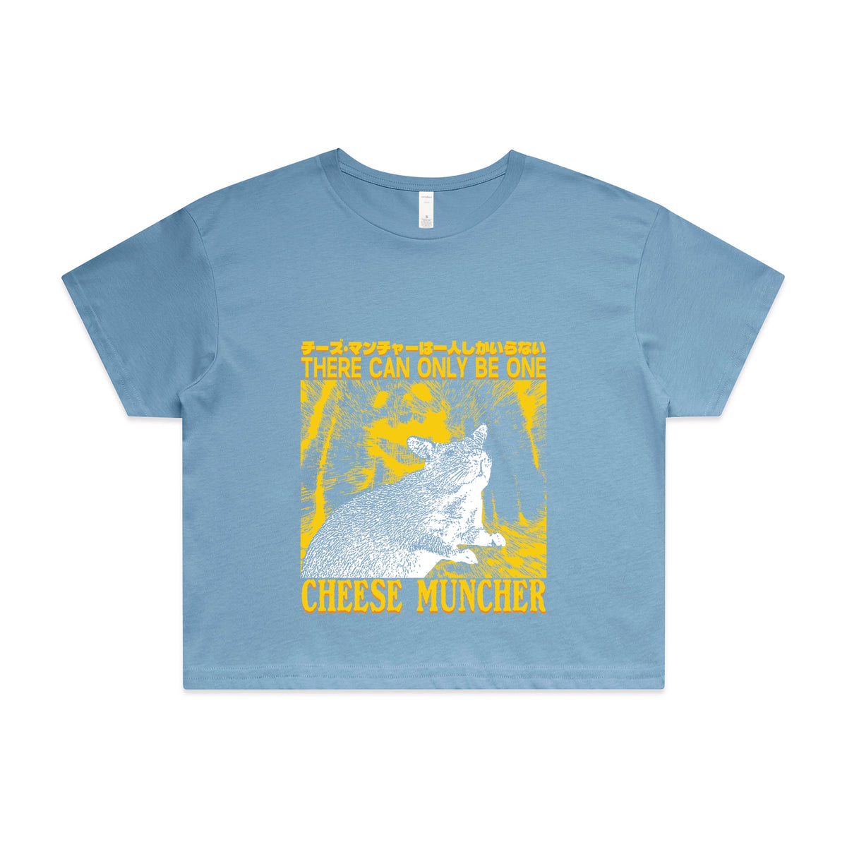 Carolina Blue crop top with Cheese Muncher graphic by Lonely Kids Club