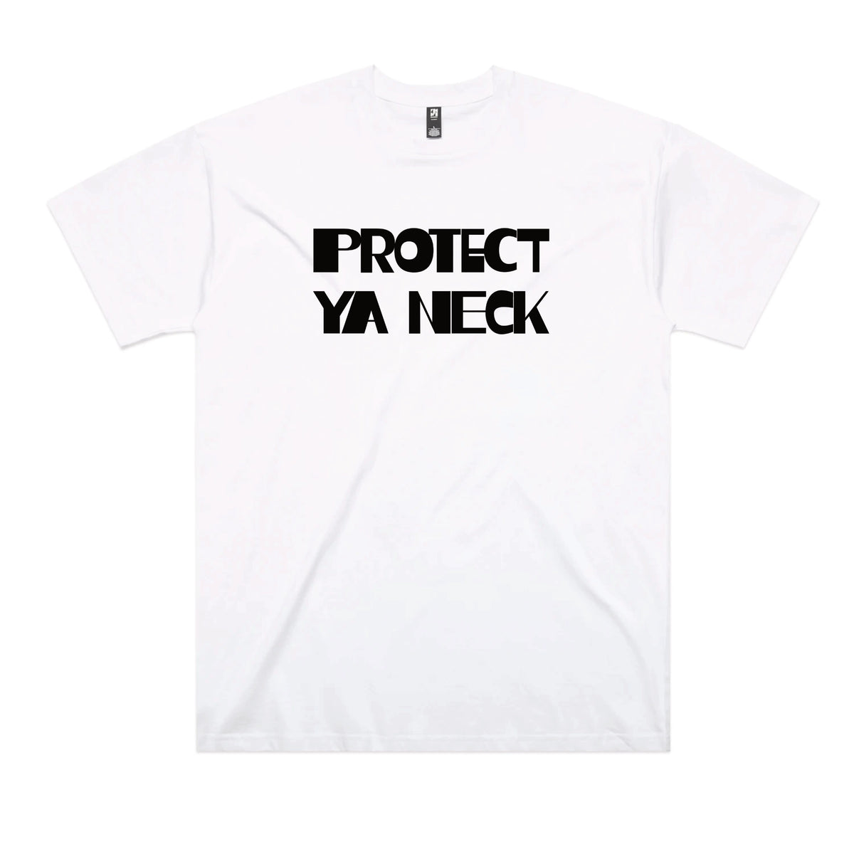 White oversized t-shirt with Protect Ya Neck graphic by Lonely Kids Club