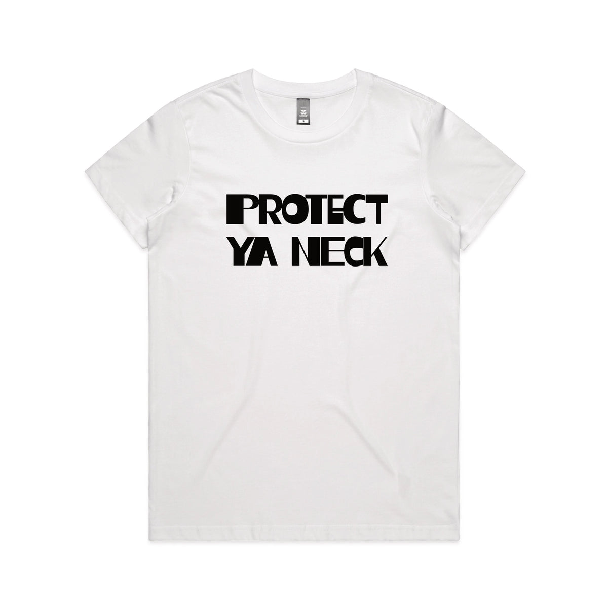 White fitted womens t-shirt with Protect Ya Neck graphic by Lonely Kids Club