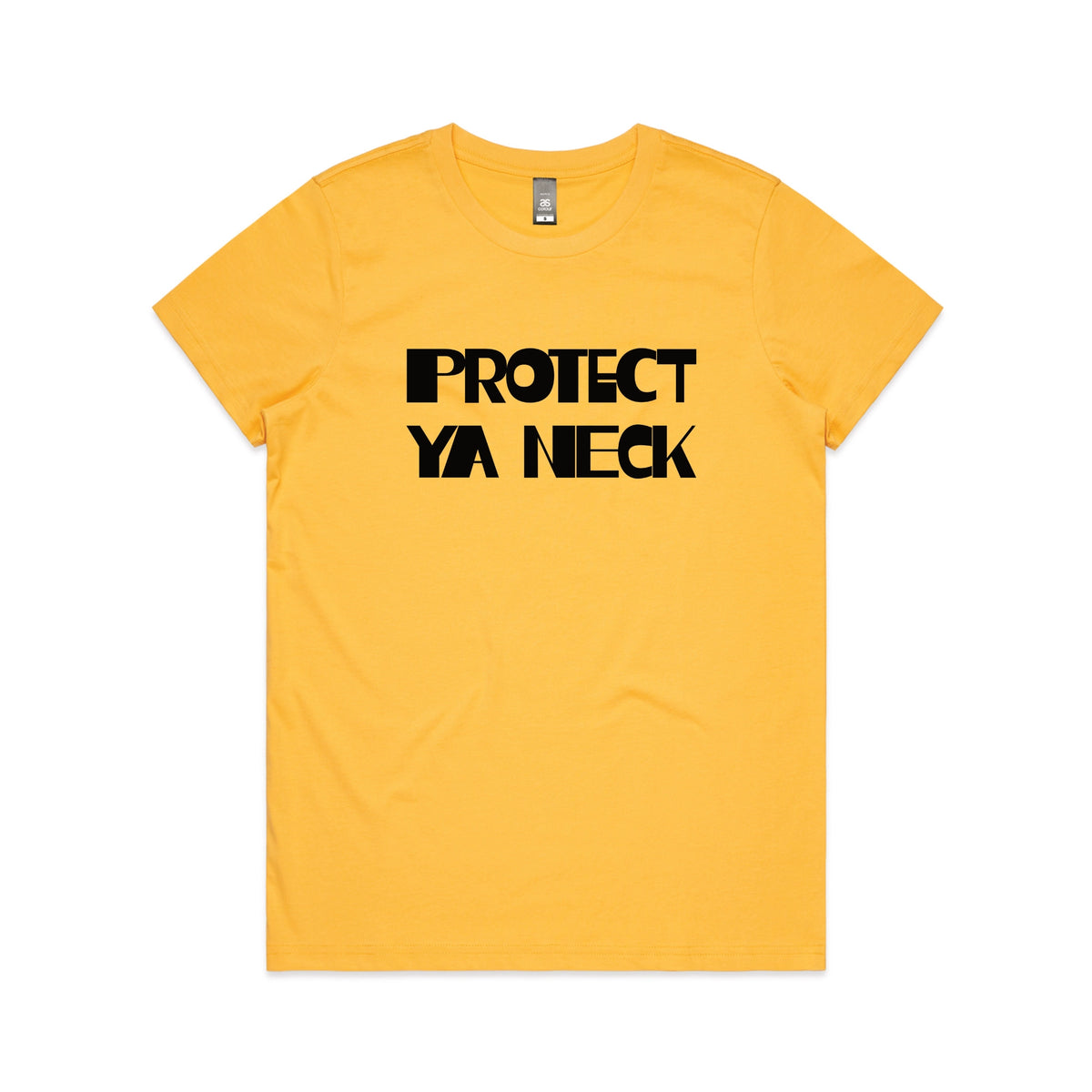 Yellow fitted womens t-shirt with Protect Ya Neck graphic by Lonely Kids Club