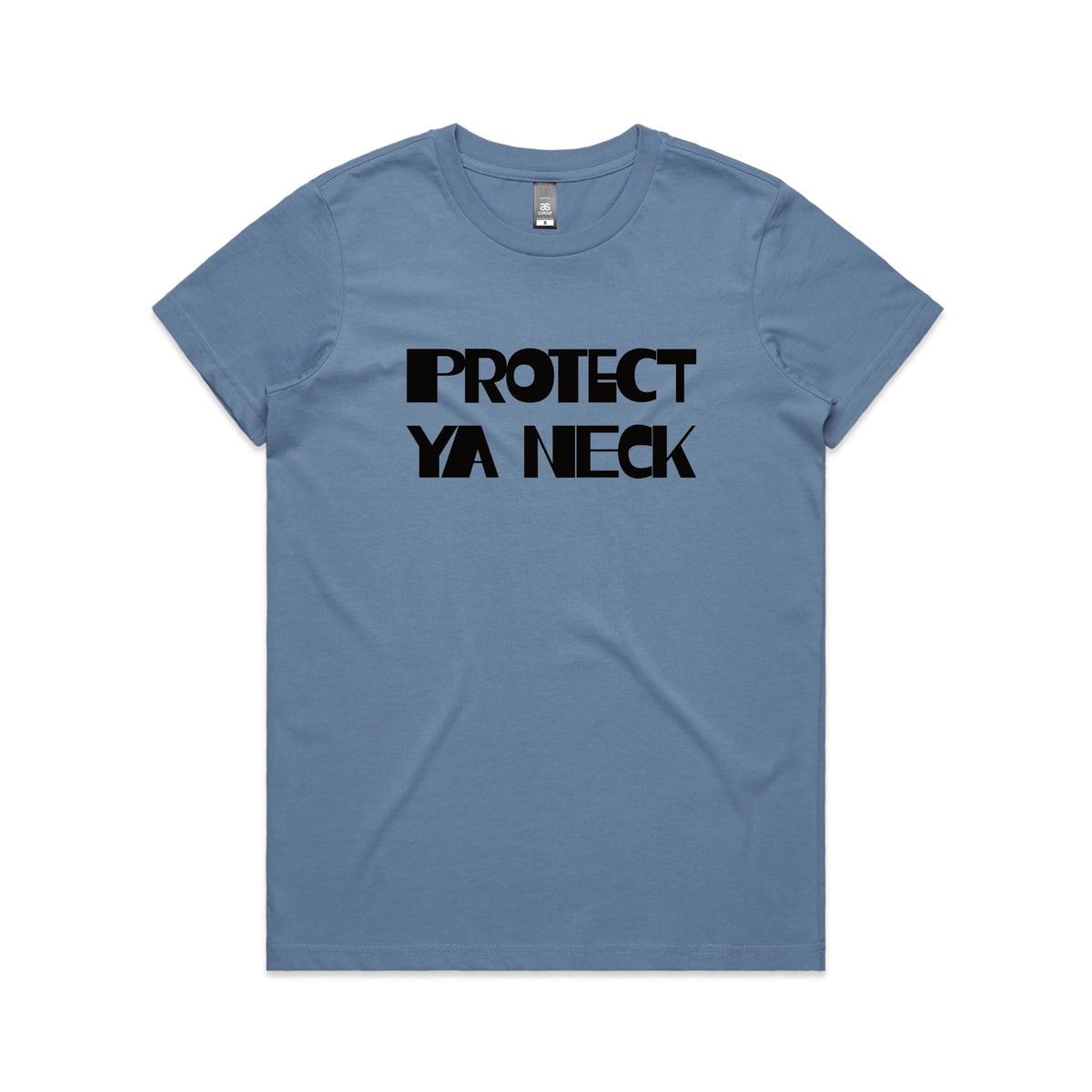 Carolina Blue fitted womens t-shirt with Protect Ya Neck graphic by Lonely Kids Club