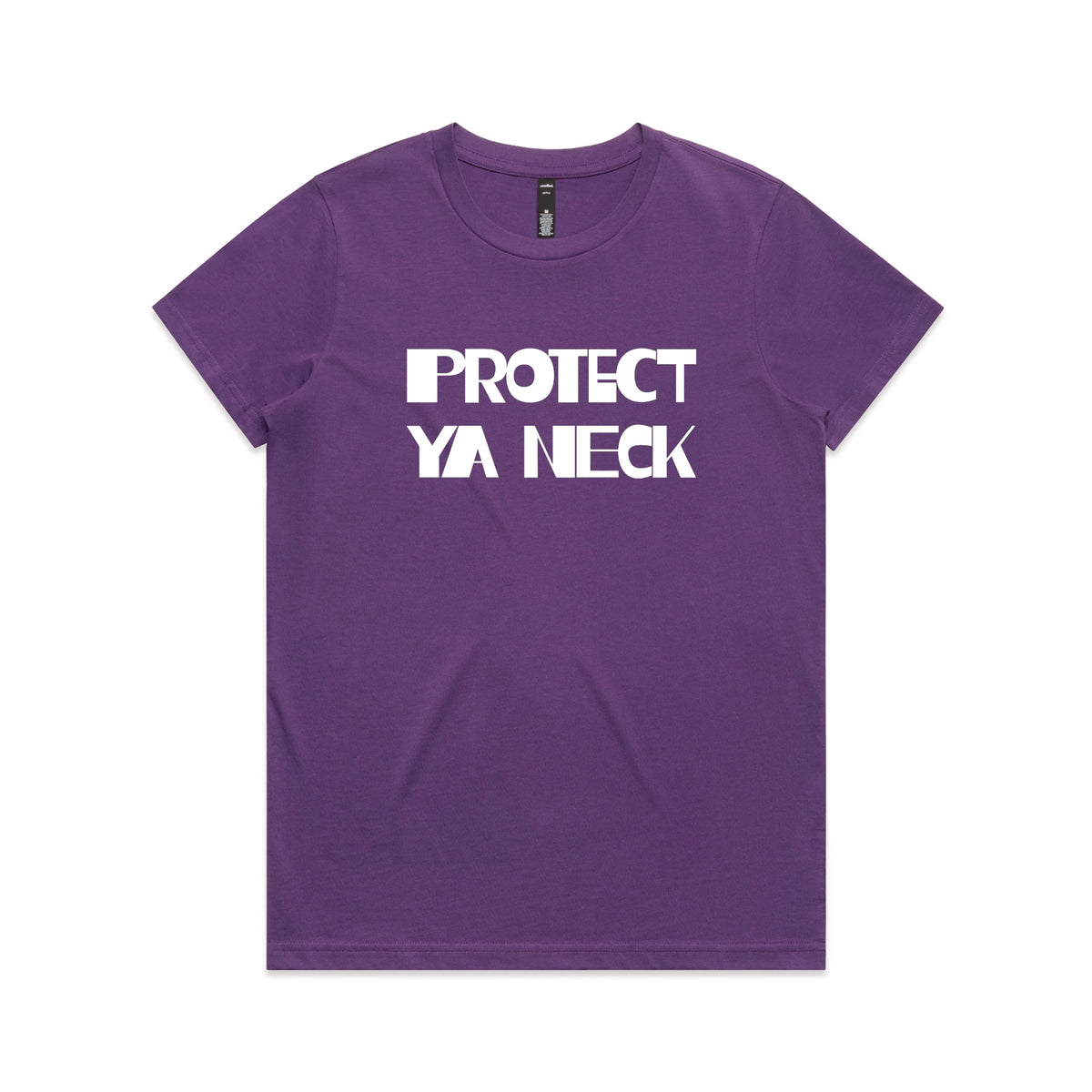 Purple fitted womens t-shirt with Protect Ya Neck graphic by Lonely Kids Club