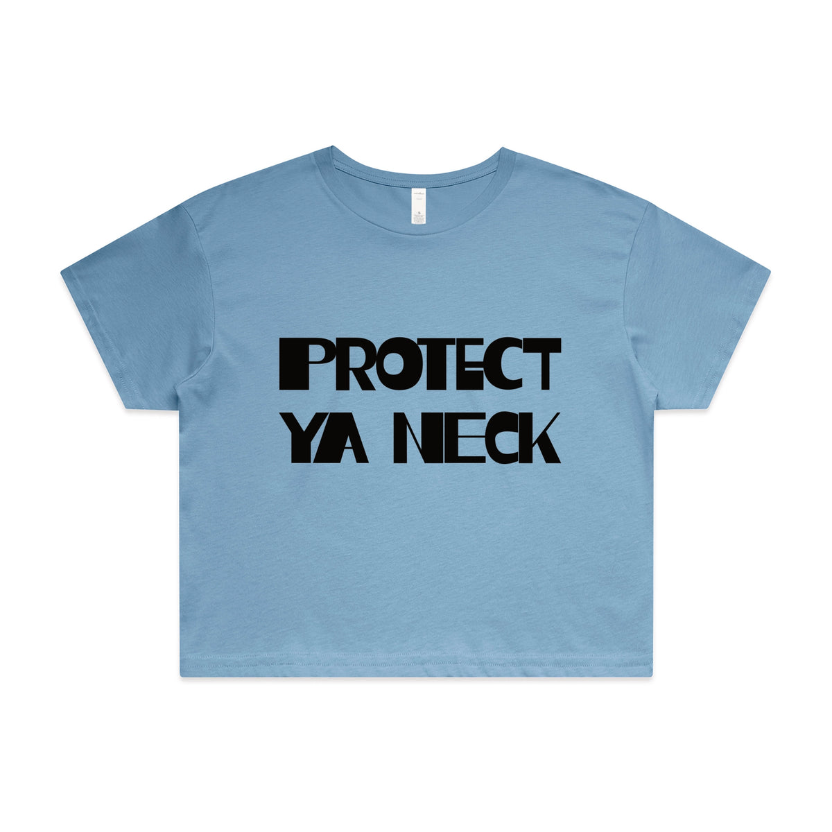 Carolina Blue crop top with Protect Ya Neck graphic by Lonely Kids Club