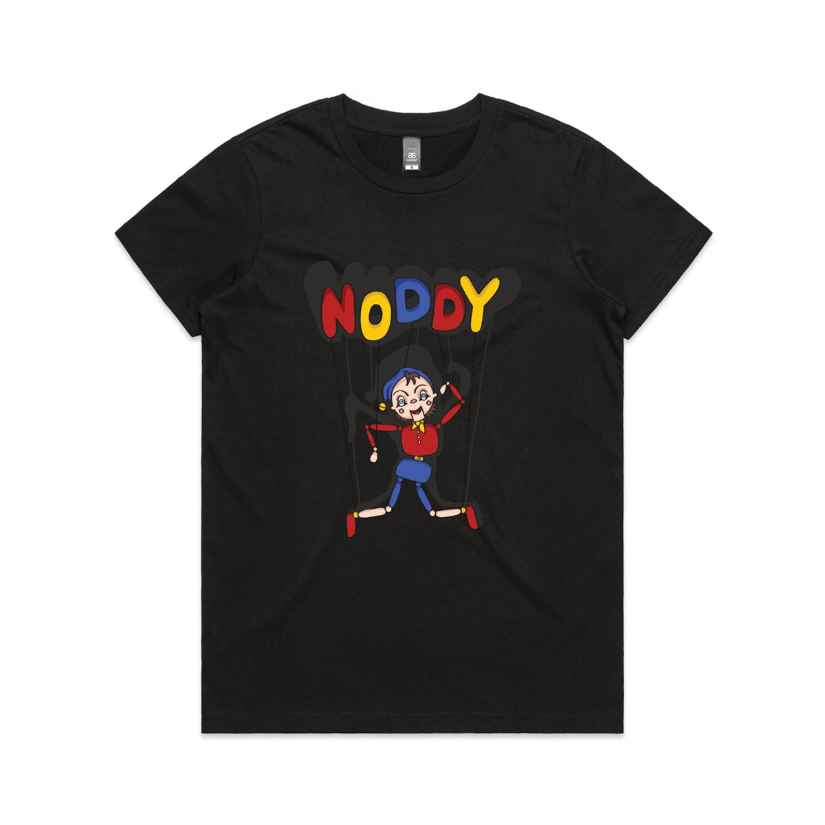 Black fitted womens t-shirt with Noddy graphic by Lonely Kids Club
