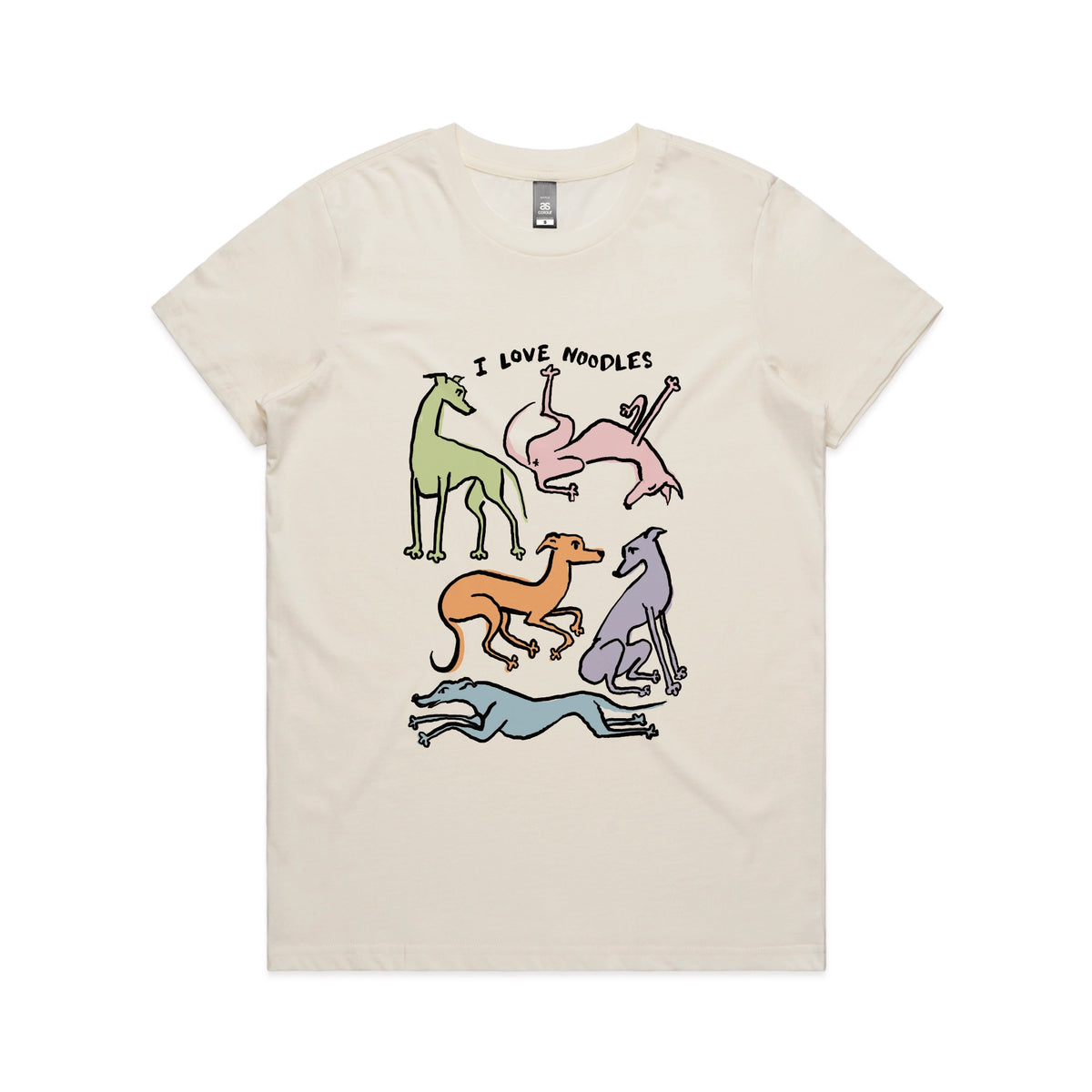 Ecru fitted womens t-shirt with I Love Noodles graphic by Lonely Kids Club