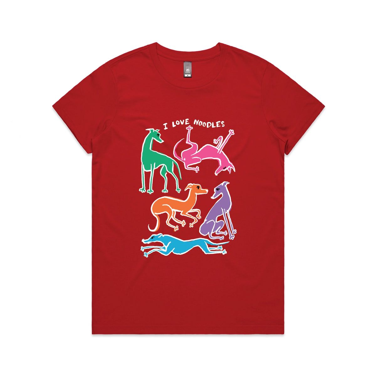 Red fitted womens t-shirt with I Love Noodles graphic by Lonely Kids Club