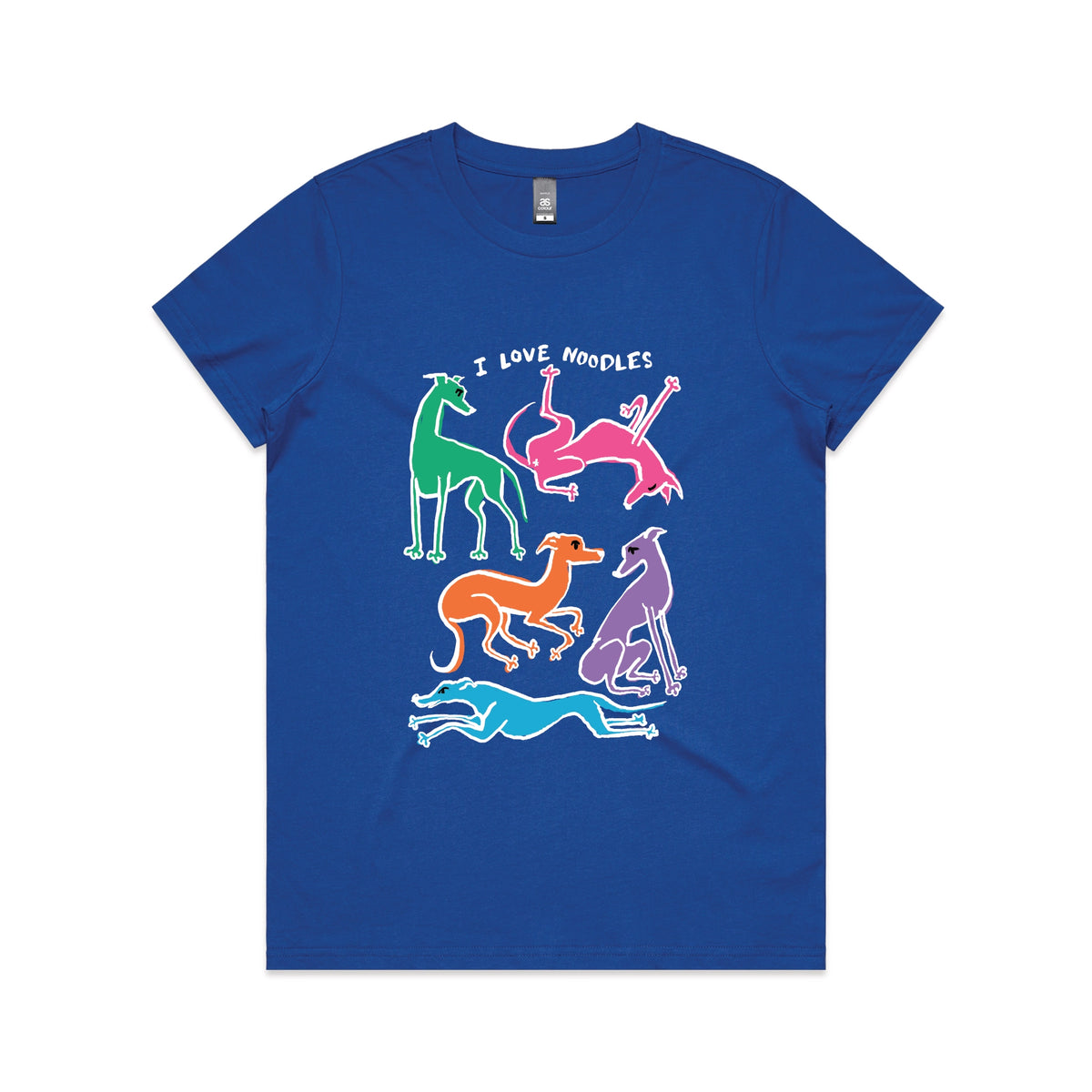 Royal Blue fitted womens t-shirt with I Love Noodles graphic by Lonely Kids Club