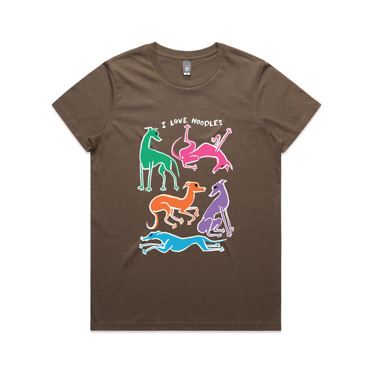 Walnut fitted womens t-shirt with I Love Noodles graphic by Lonely Kids Club