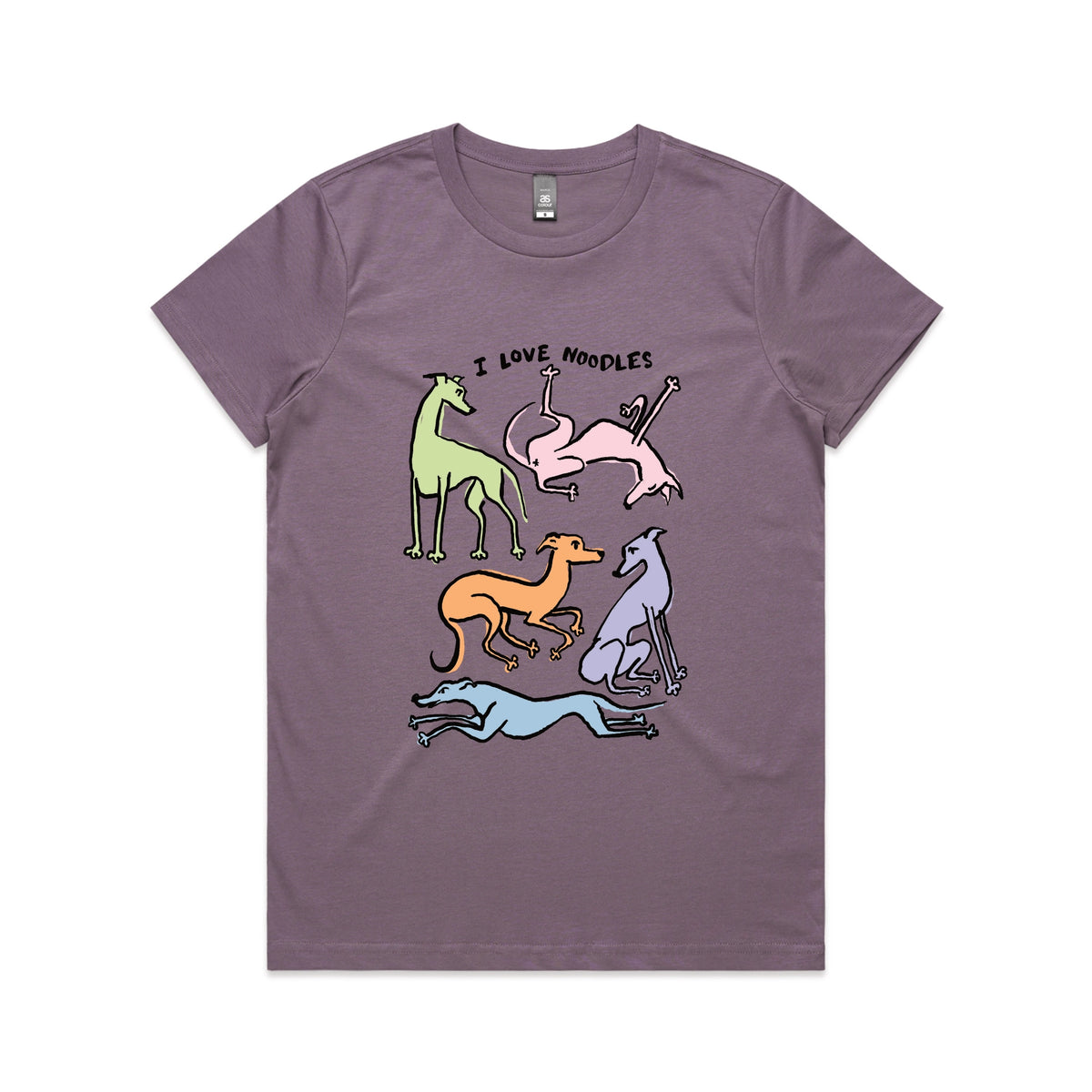 Mauve fitted womens t-shirt with I Love Noodles graphic by Lonely Kids Club