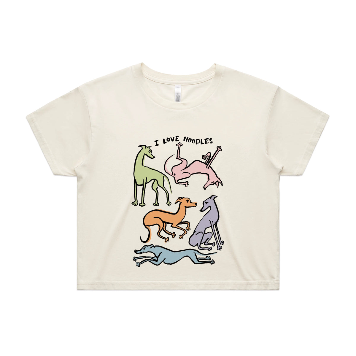 Ecru crop top with I Love Noodles graphic by Lonely Kids Club