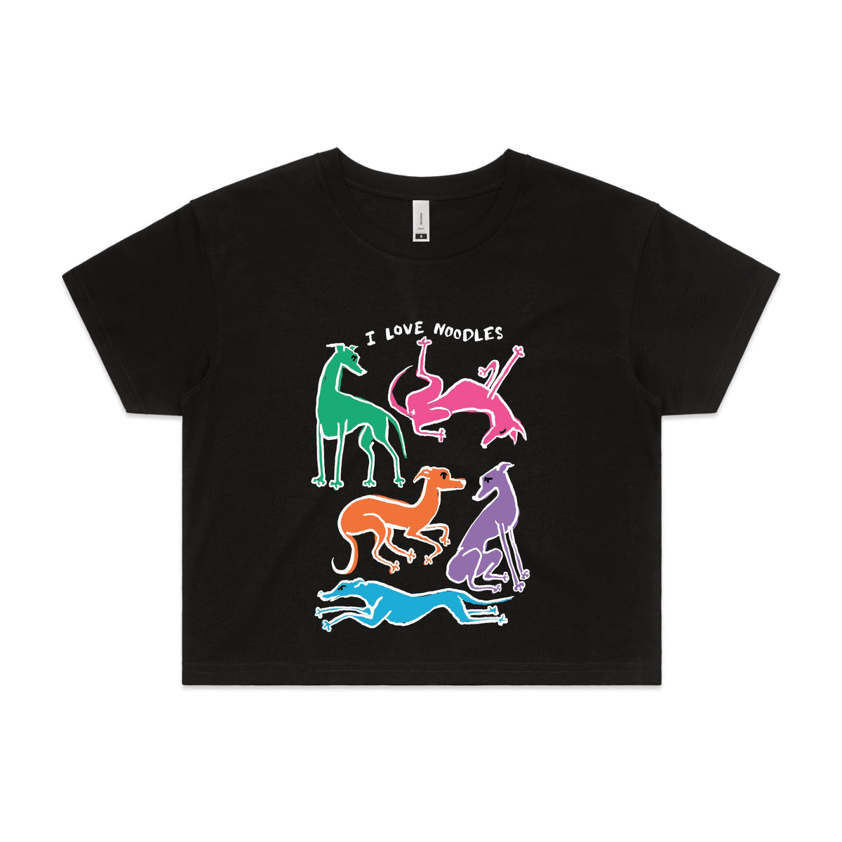 Black crop top with I Love Noodles graphic by Lonely Kids Club