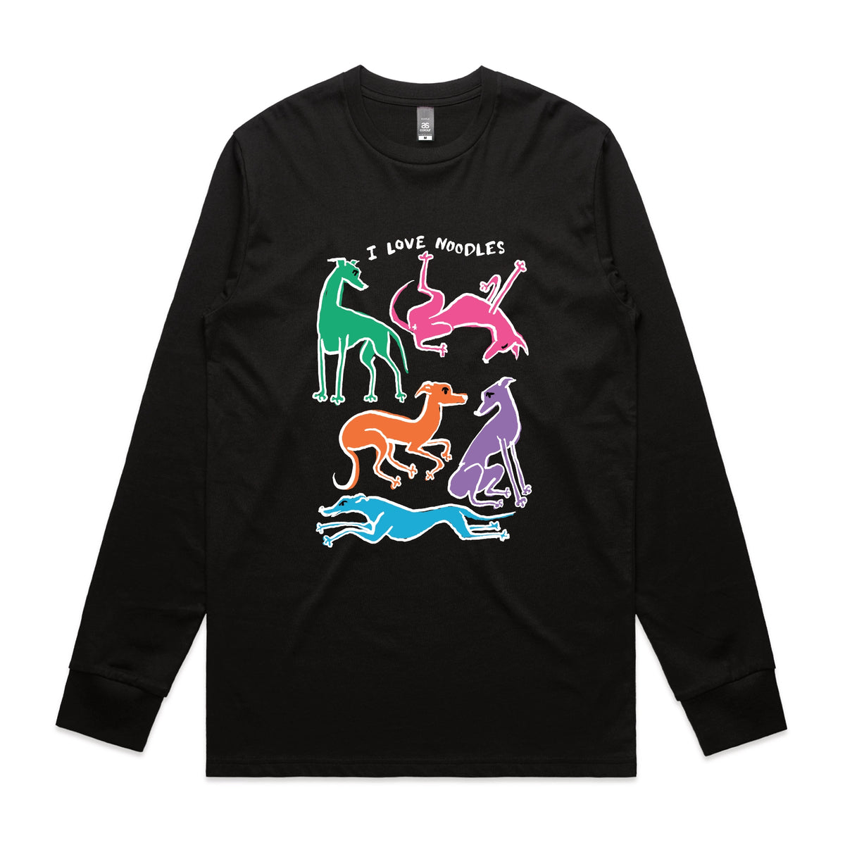 Black long sleeve t-shirt with I Love Noodles graphic by Lonely Kids Club