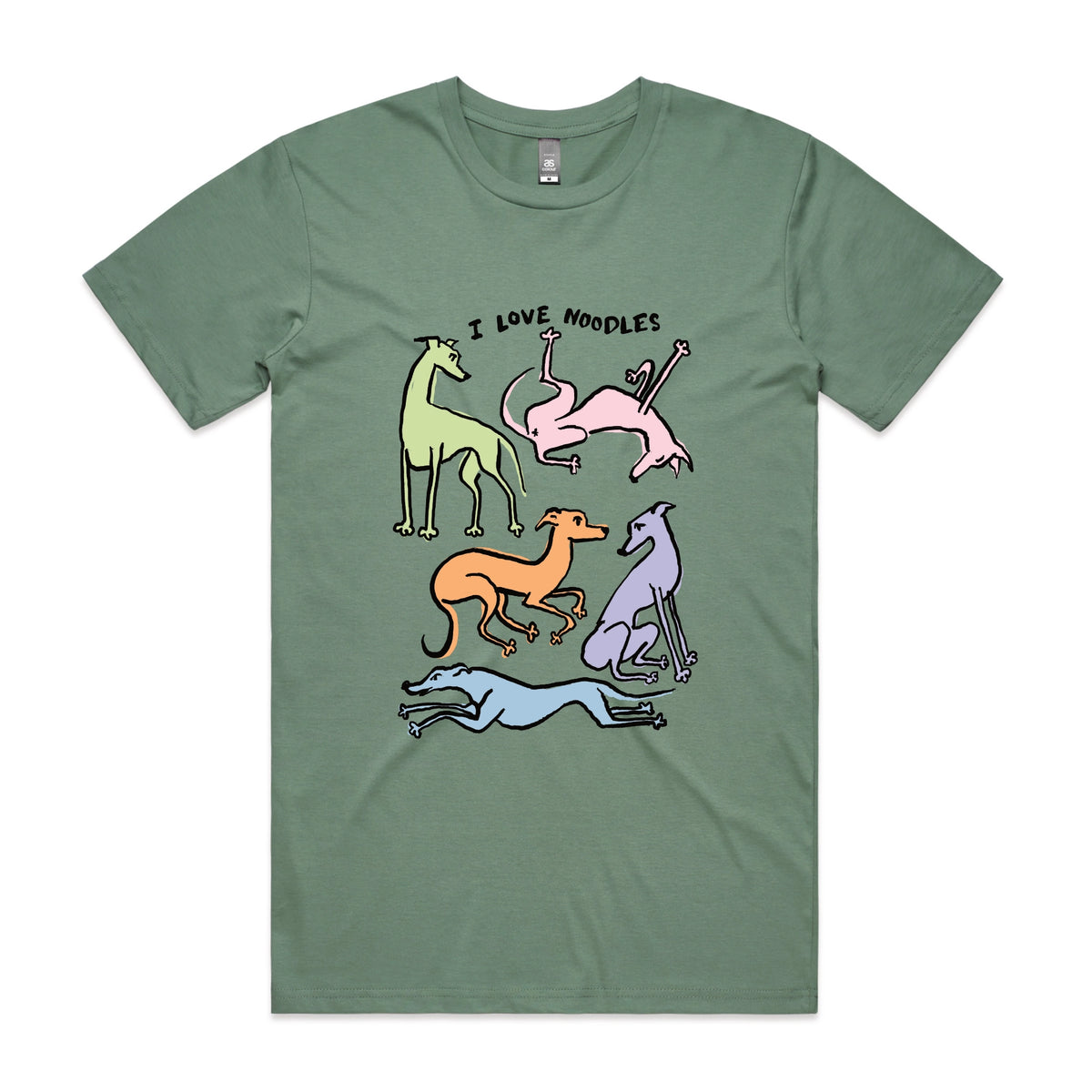 Sage unisex t-shirt with I Love Noodles graphic by Lonely Kids Club