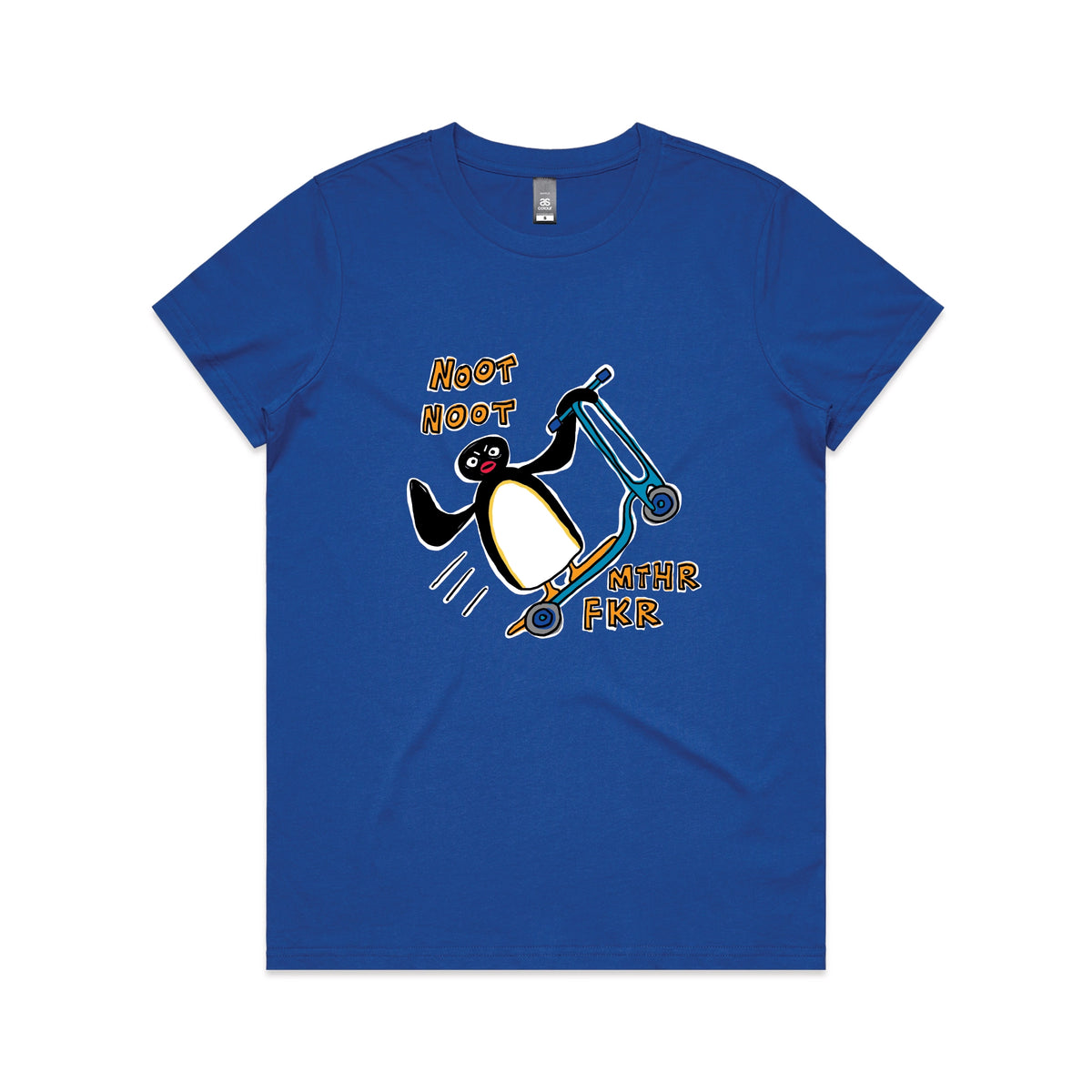 Royal Blue fitted womens t-shirt with Noot Noot graphic by Lonely Kids Club