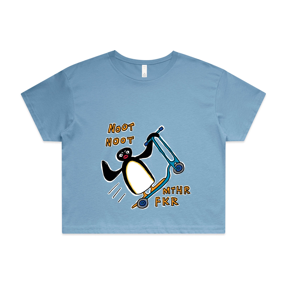 Carolina Blue crop top with Noot Noot graphic by Lonely Kids Club