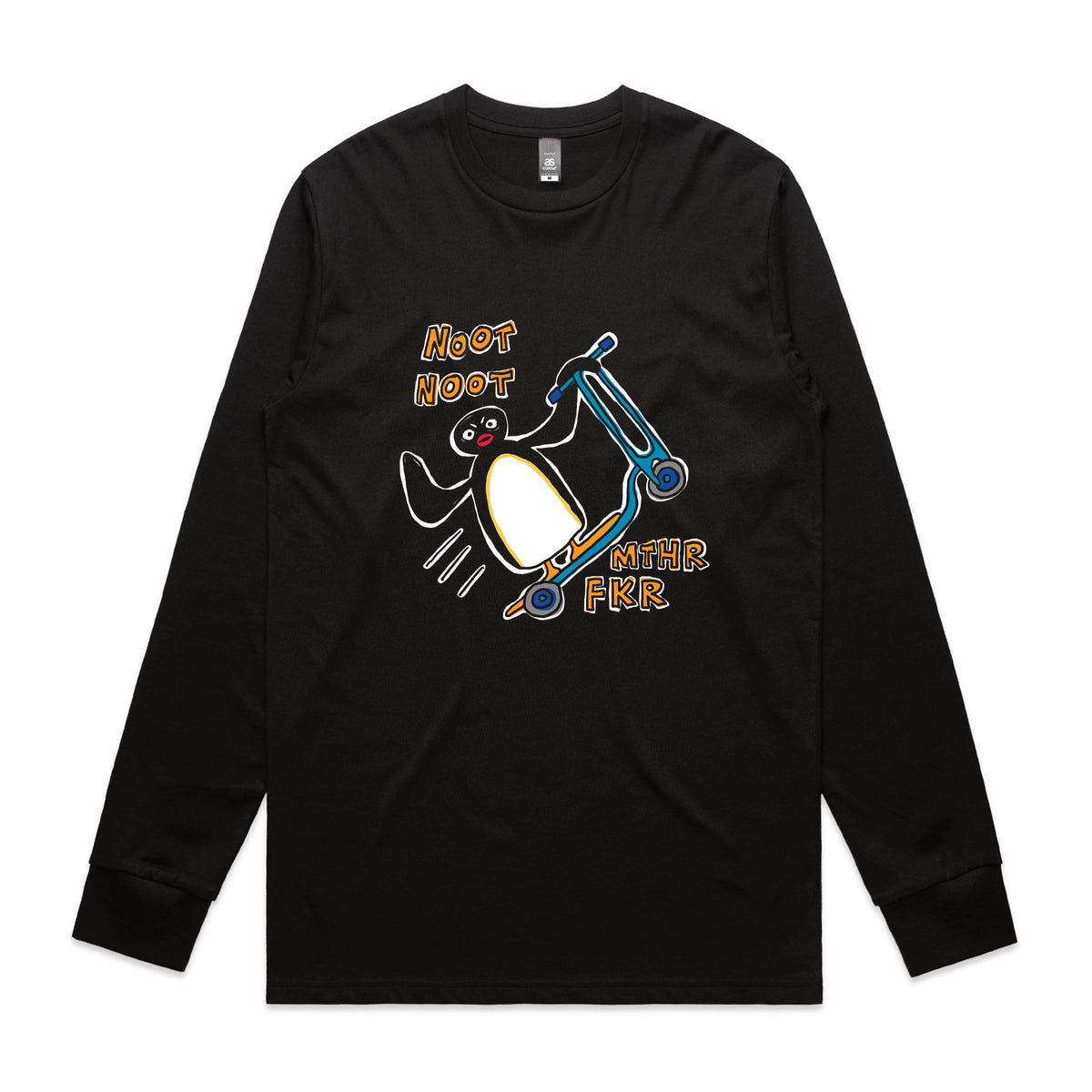 Black long sleeve t-shirt with Noot Noot graphic by Lonely Kids Club